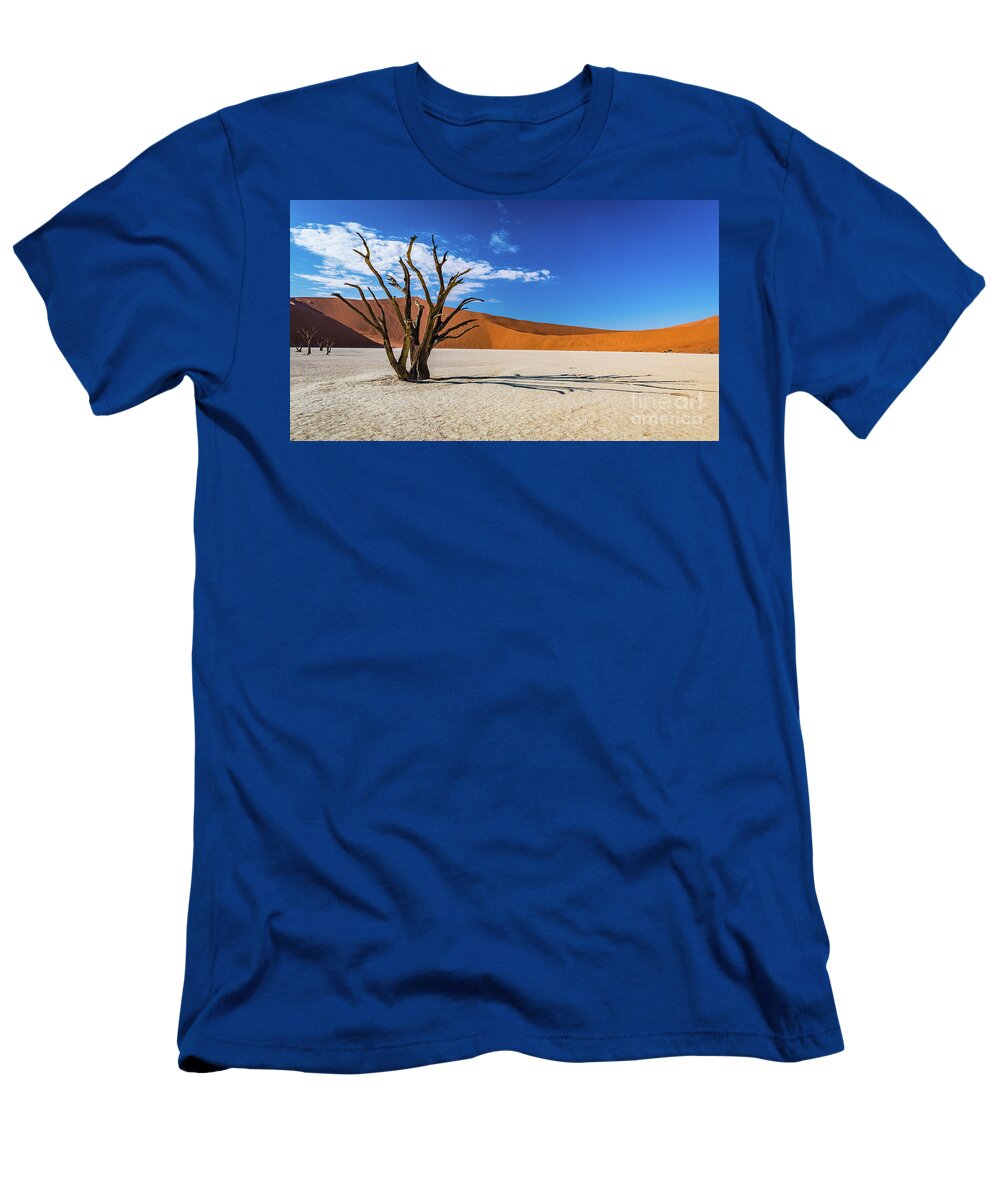 Deadvlei T-Shirt featuring the photograph Tree and shadow in Deadvlei, Namibia by Lyl Dil Creations