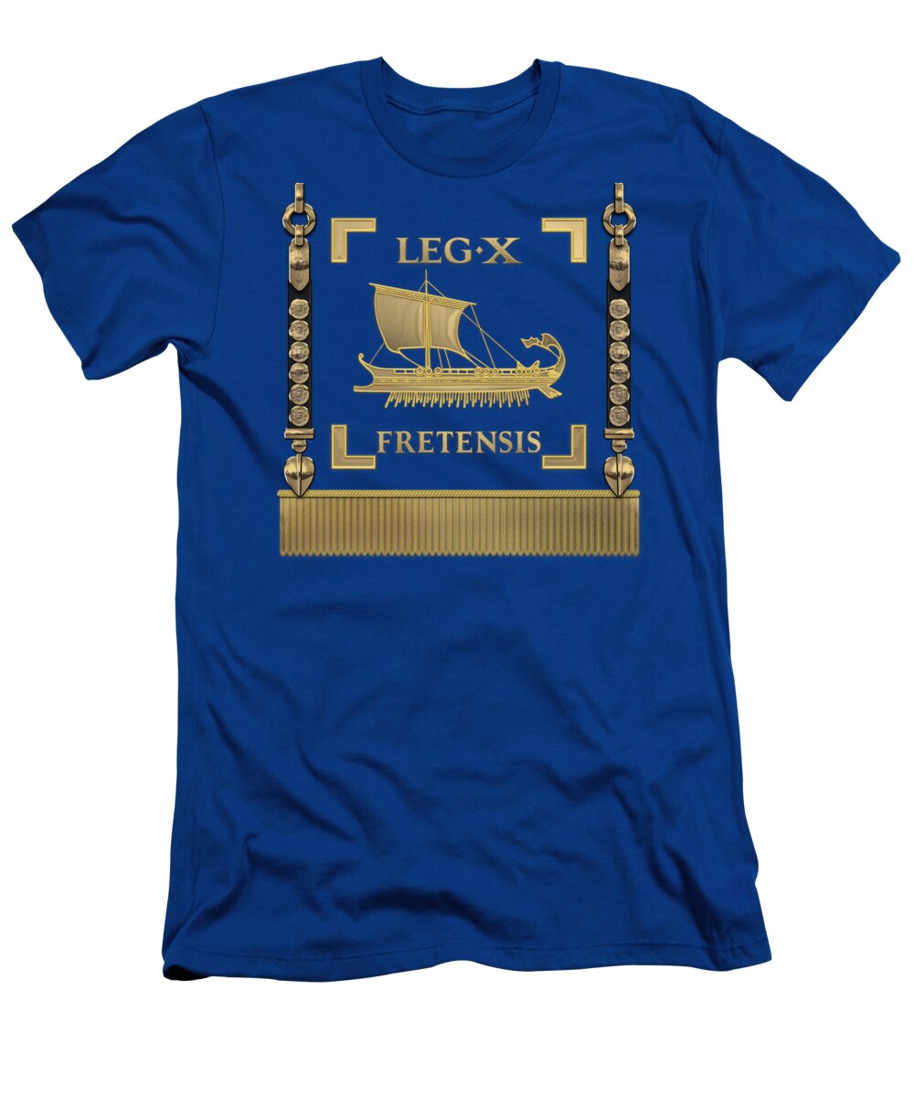 ‘rome’ Collection By Serge Averbukh T-Shirt featuring the digital art Trireme Standard of the 10th Legion of the Strait - Blue Vexilloid of Legio X Fretensis by Serge Averbukh