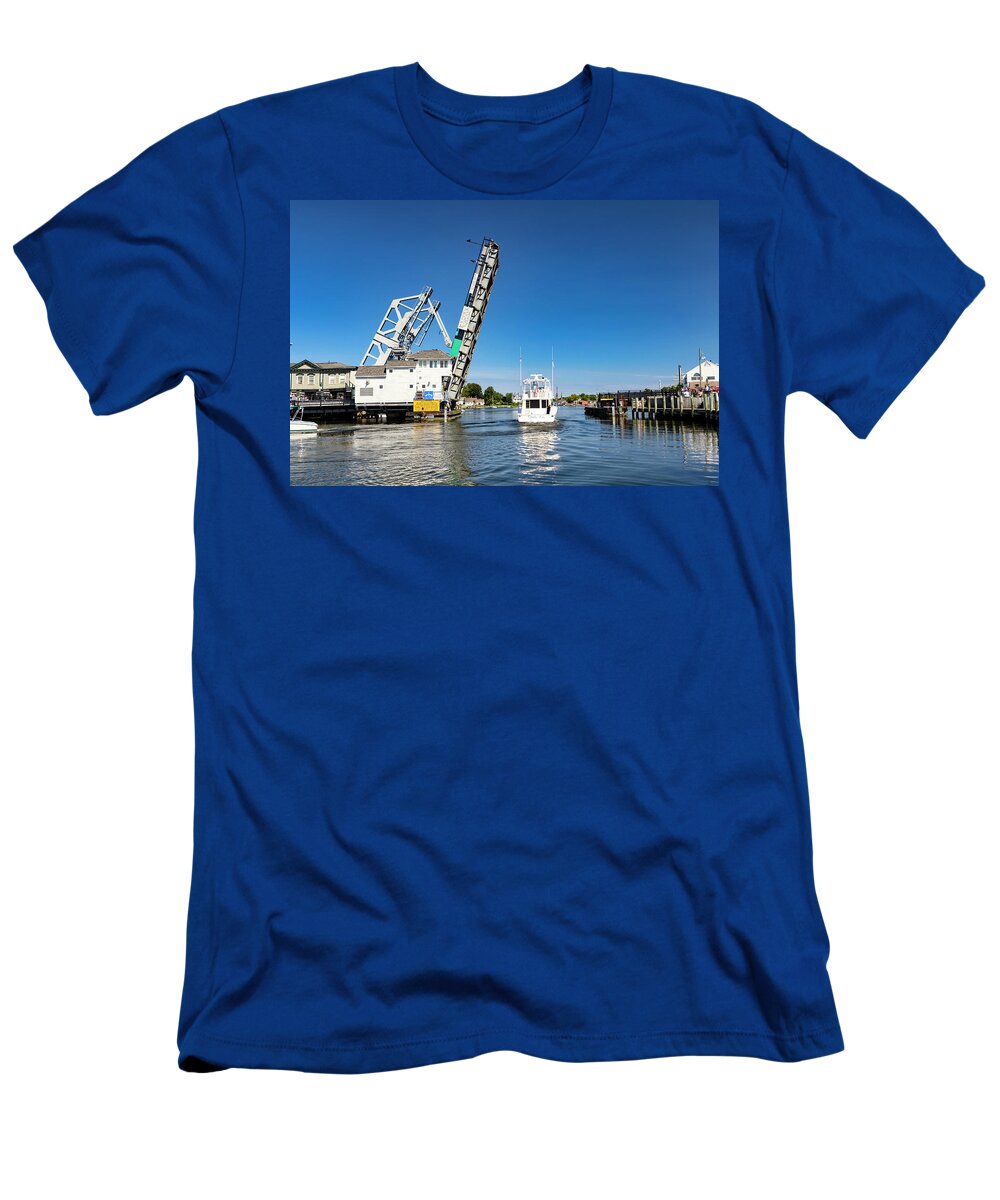 Estock T-Shirt featuring the digital art Usa, Connecticut, Mystic River Bascule Bridge Lifted by Claudia Uripos