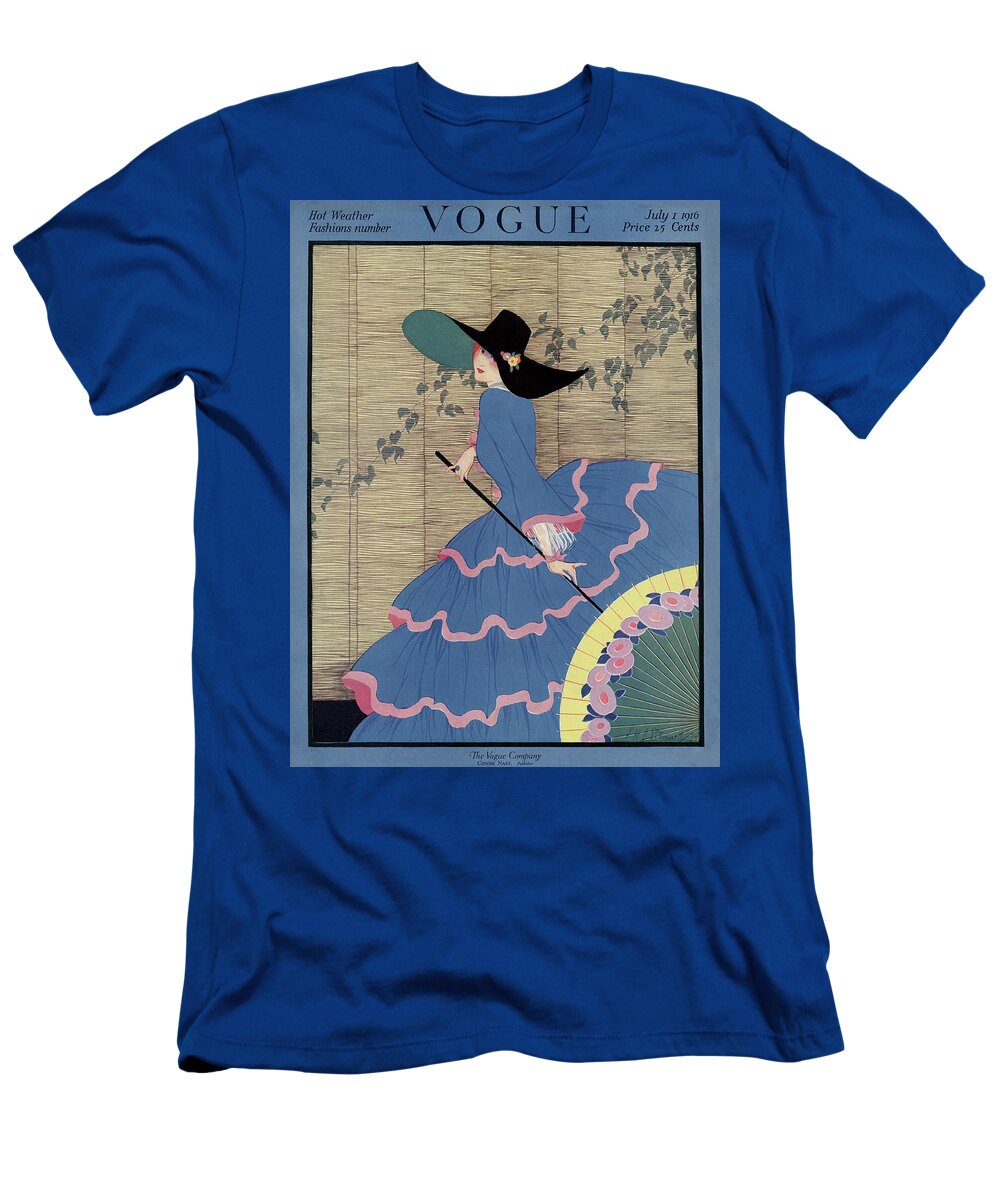 #new2022vogue T-Shirt featuring the painting Vintage Vogue Cover Of A Woman In A Tiered Blue by E M A Steinmetz