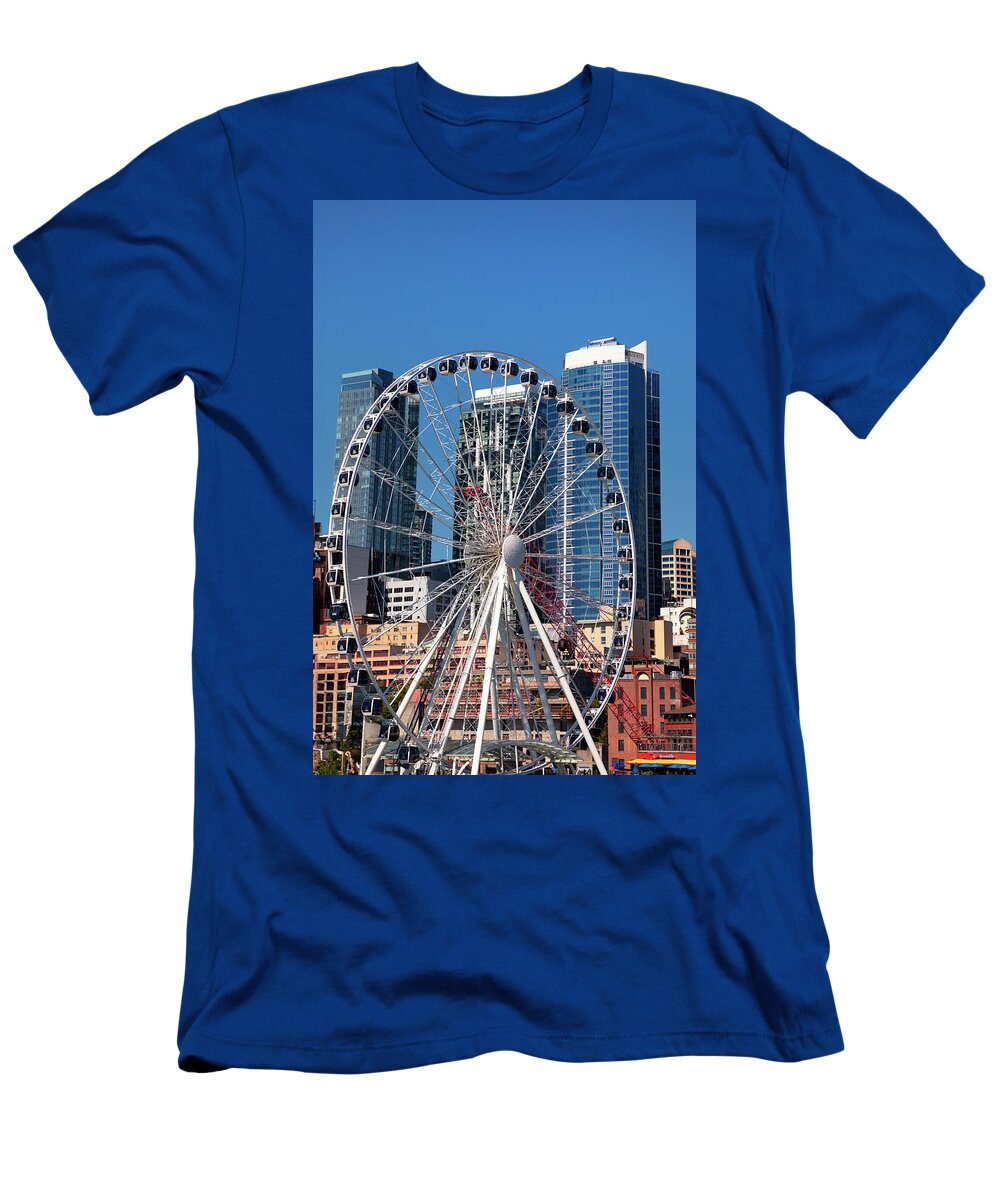 Estock T-Shirt featuring the digital art Washington State, Seattle, Seattle Great Wheel Over Elliott Bay. by Maria Consorti