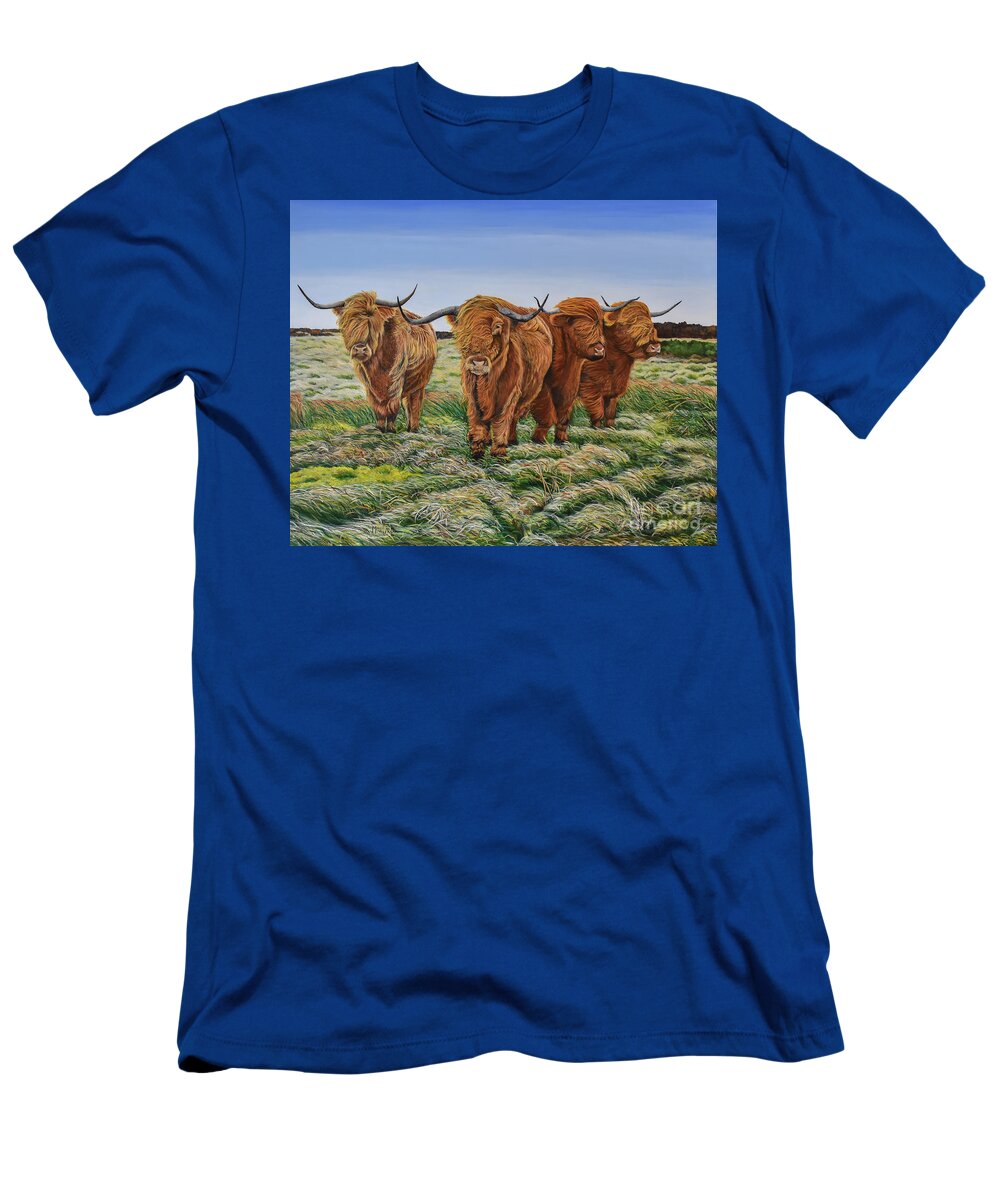 Cattle T-Shirt featuring the painting Windswept Highland Cattle by Marilyn McNish