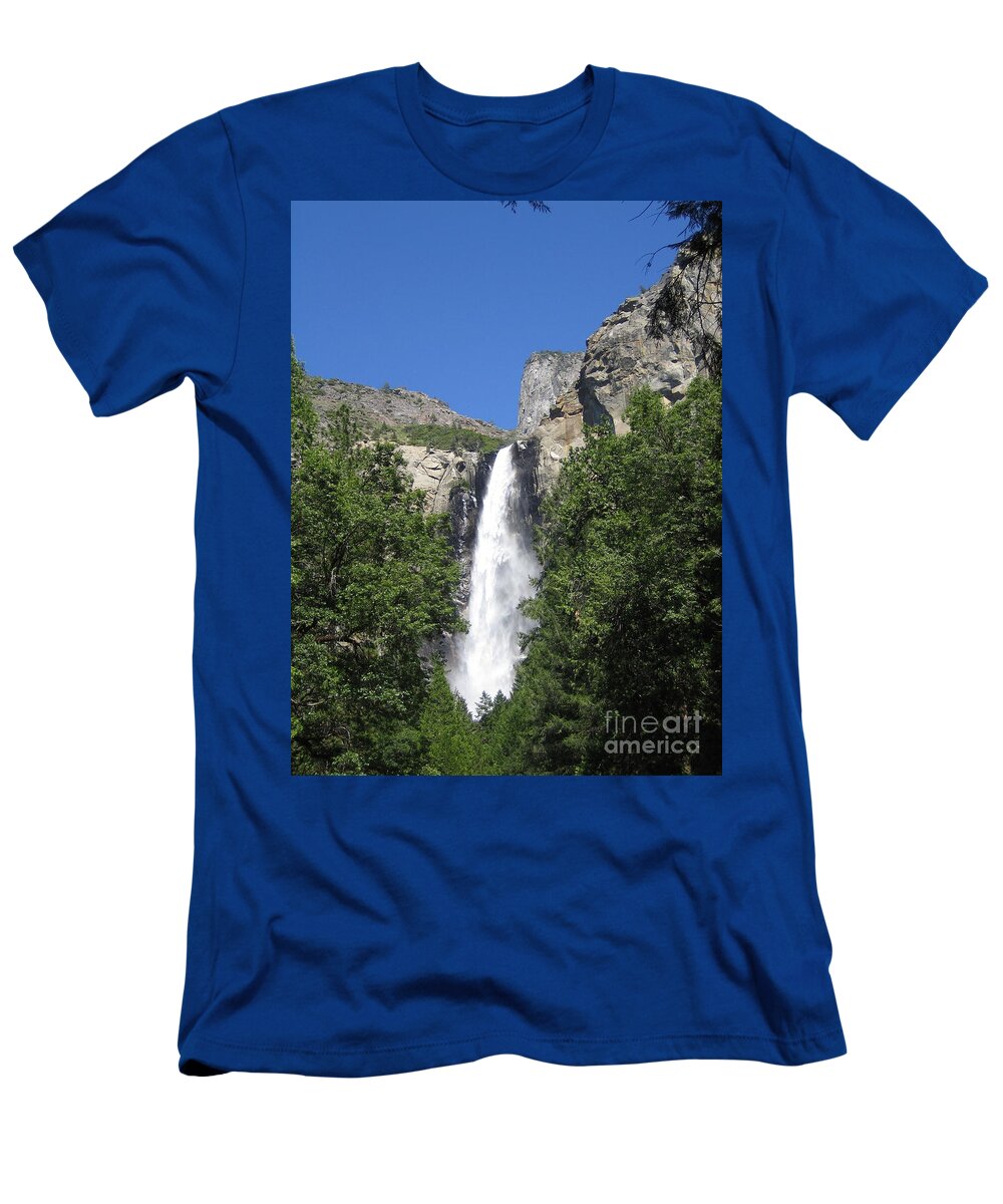 Yosemite T-Shirt featuring the photograph Yosemite National Park Bridal Veil Falls Water Fall Blast on a Blue Sky Day by John Shiron