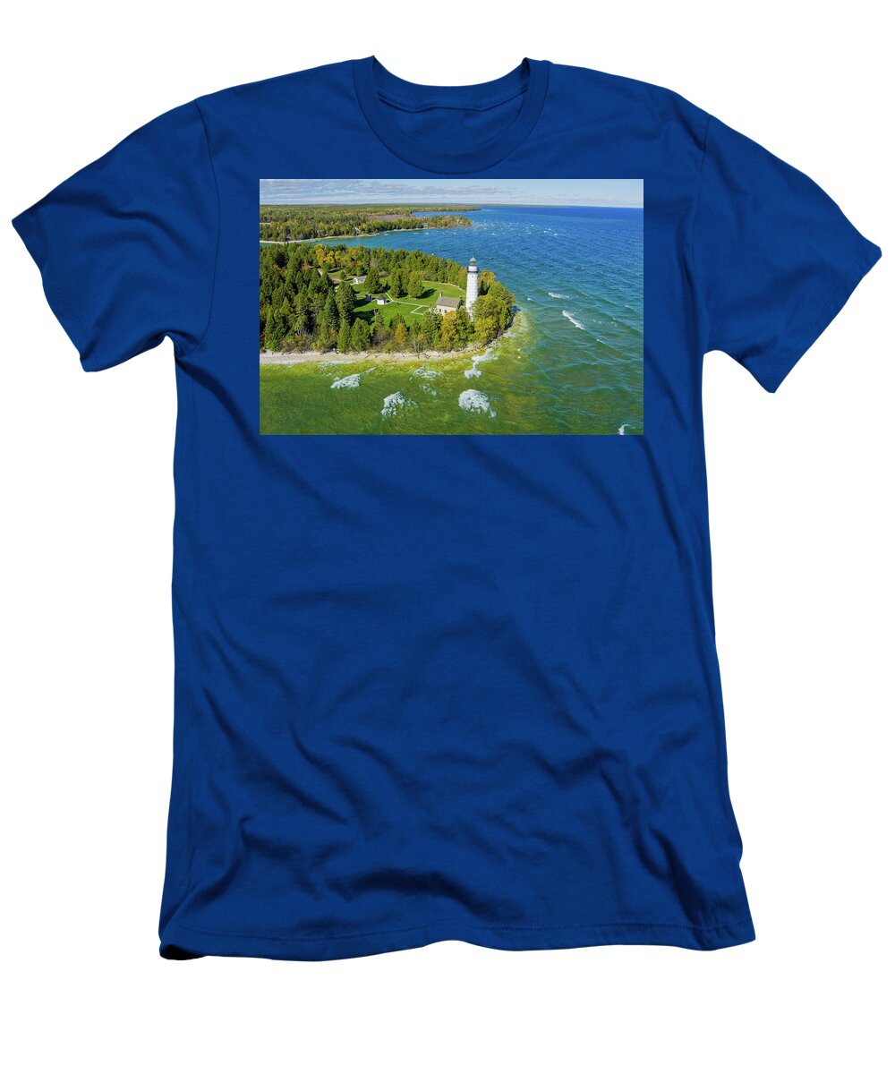 Above T-Shirt featuring the photograph Cana lighthouse drone #1 by Keith Homan