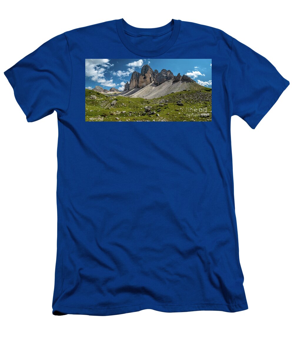 Alpine T-Shirt featuring the photograph Mountain Formation Tre Cime Di Lavaredo In The Dolomites Of South Tirol In Italy #1 by Andreas Berthold