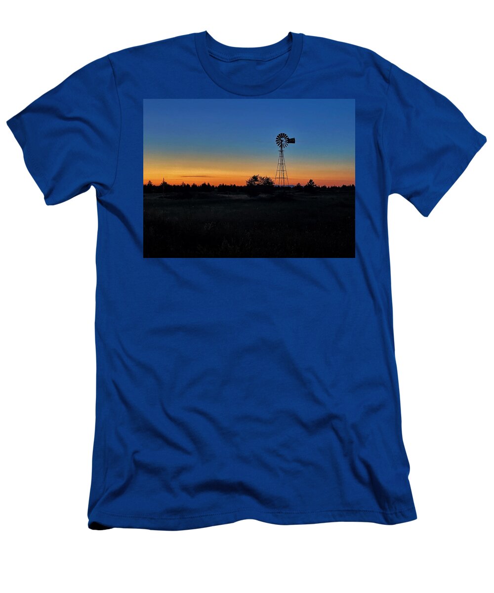 Blue Hour T-Shirt featuring the photograph Blue Hour Windmill Silhouette by Jerry Abbott