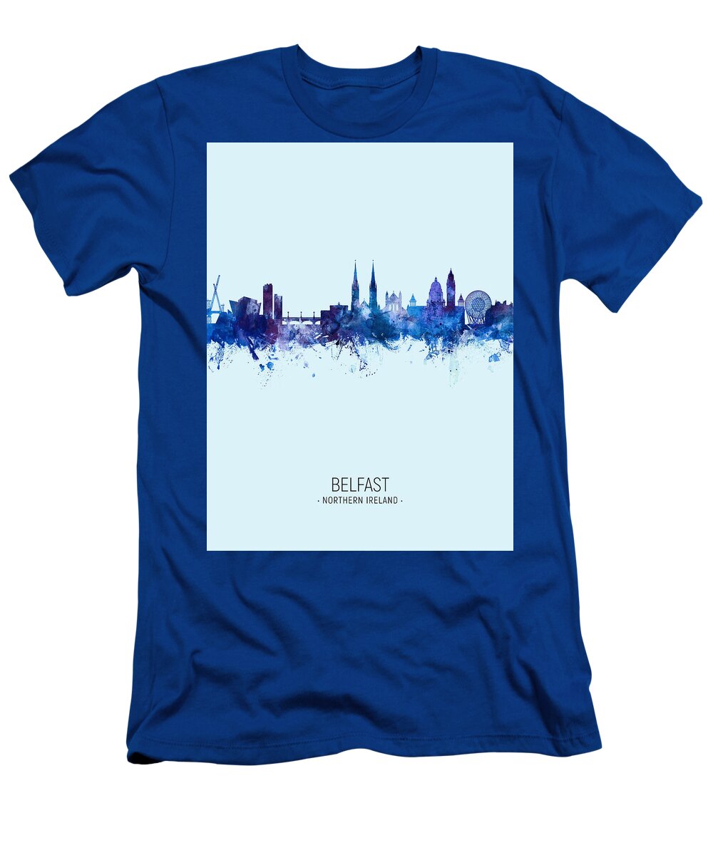 Belfast T-Shirt featuring the digital art Belfast Northern Ireland Skyline #26 by Michael Tompsett