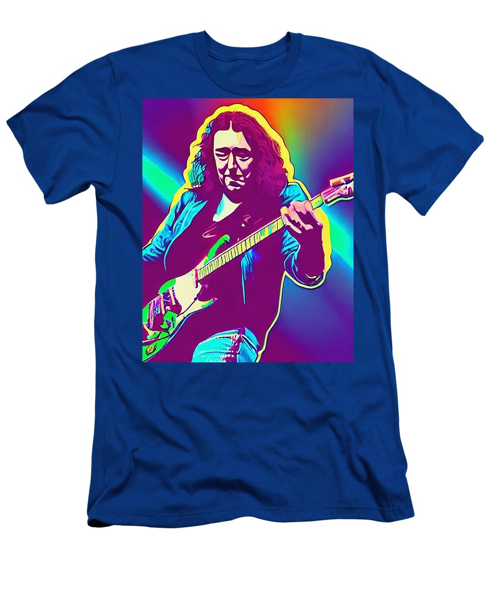  T-Shirt featuring the digital art Hologram Of Rory Gallagher Floating In Space A Vibrant Digital Illustration #3 by Edgar Dorice