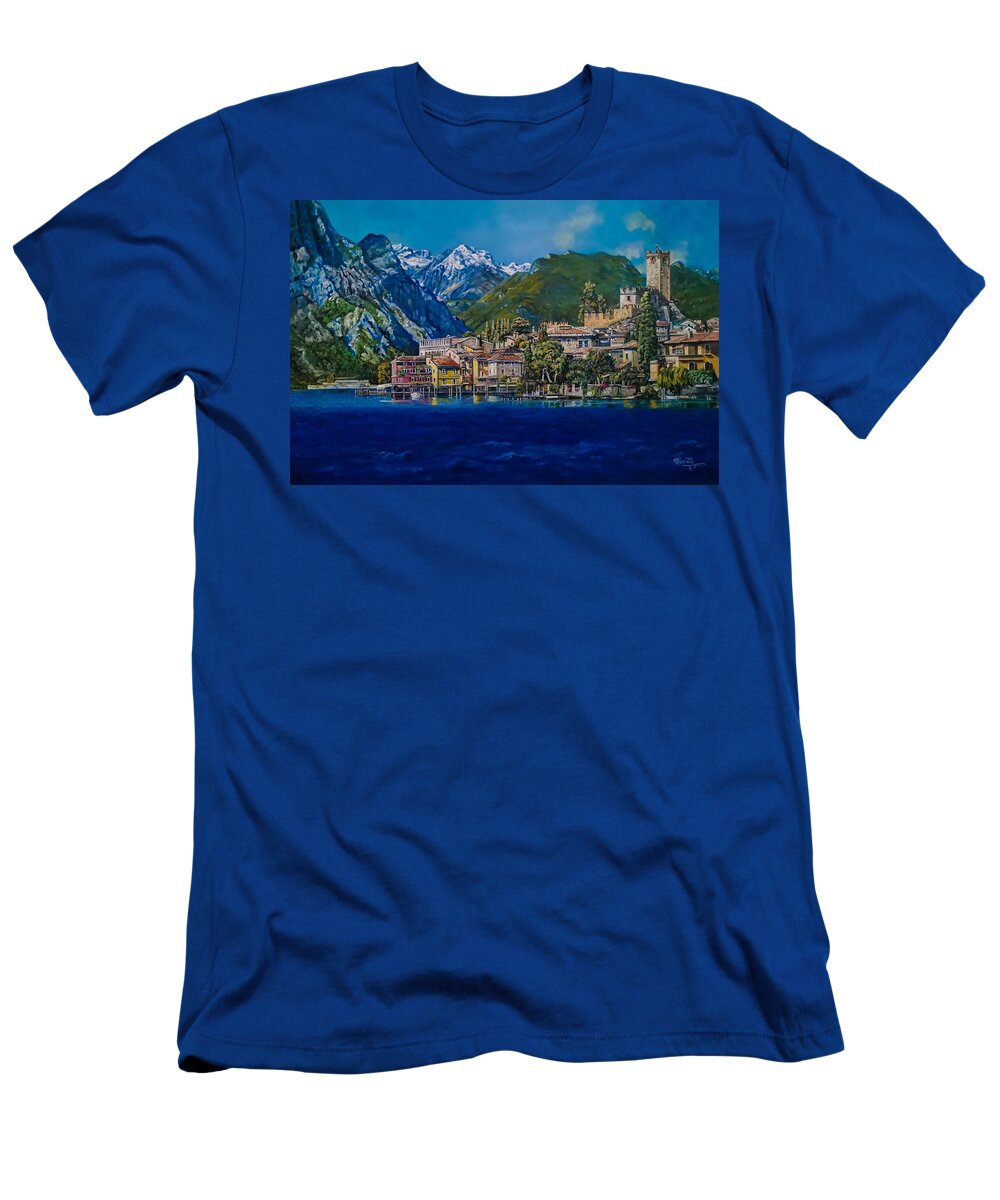 Lakeside View T-Shirt featuring the painting A colourful town by the lake by Raouf Oderuth
