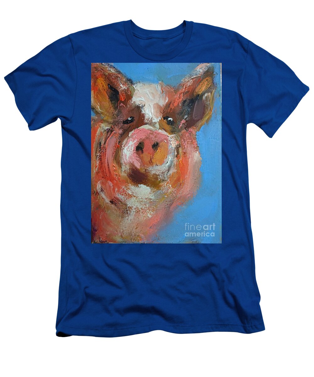 A Vibrant Painting Of A Piglet On Blue T-Shirt featuring the painting A vibrant painting of a piglet on blue by Mary Cahalan Lee - aka PIXI