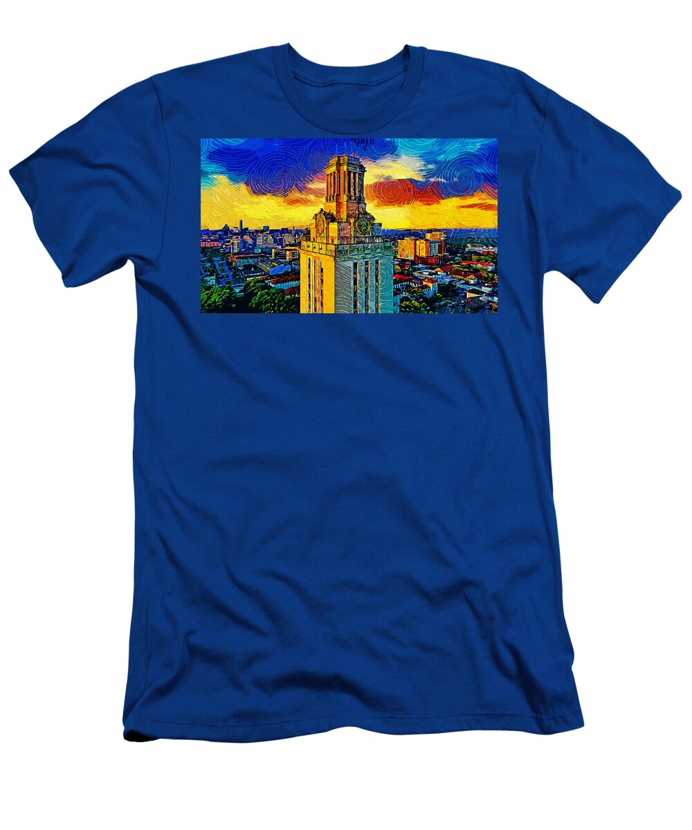 Main Building T-Shirt featuring the digital art Aerial of the Main Building of the University of Texas at Austin - impressionist painting by Nicko Prints