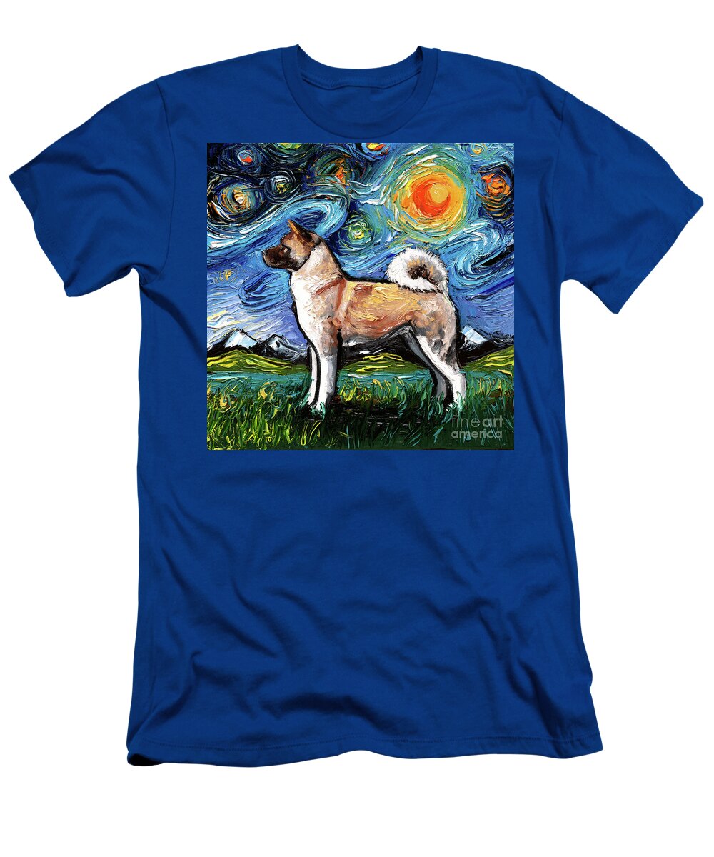 Akita T-Shirt featuring the painting Akita Night by Aja Trier