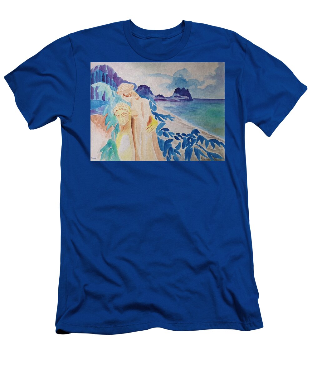 Classical Greek Sculpture T-Shirt featuring the painting Archaic Couple and the Sea by Enrico Garff