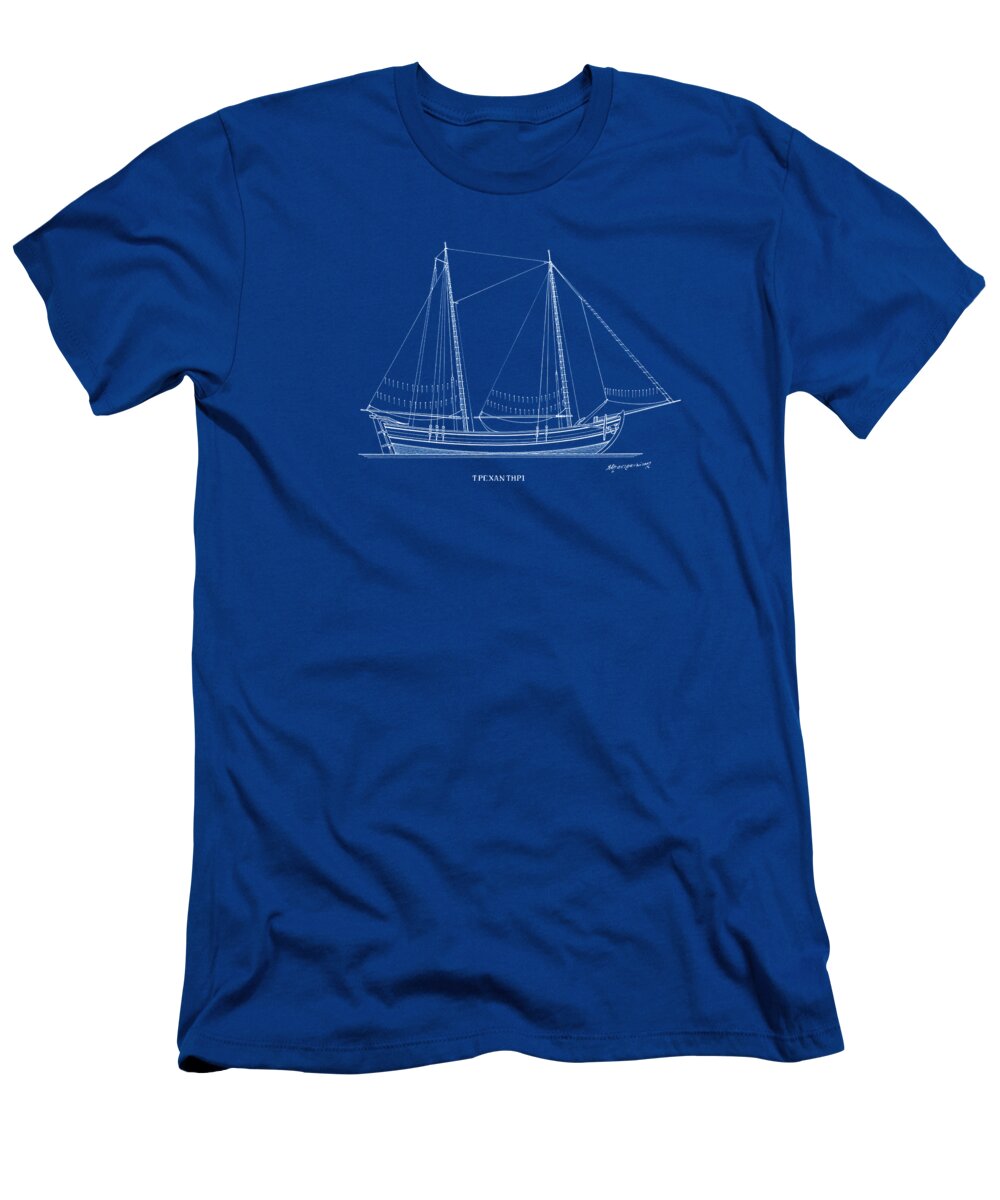 Nautical Decor T-Shirt featuring the drawing Trehantiri - traditional Greek sailing boat - Blueprint by Panagiotis Mastrantonis