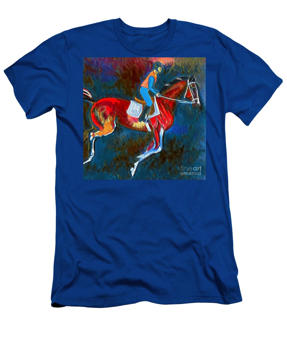 Equestrian Art T-Shirt featuring the digital art Backstretch Thoroughbred 008 by Stacey Mayer