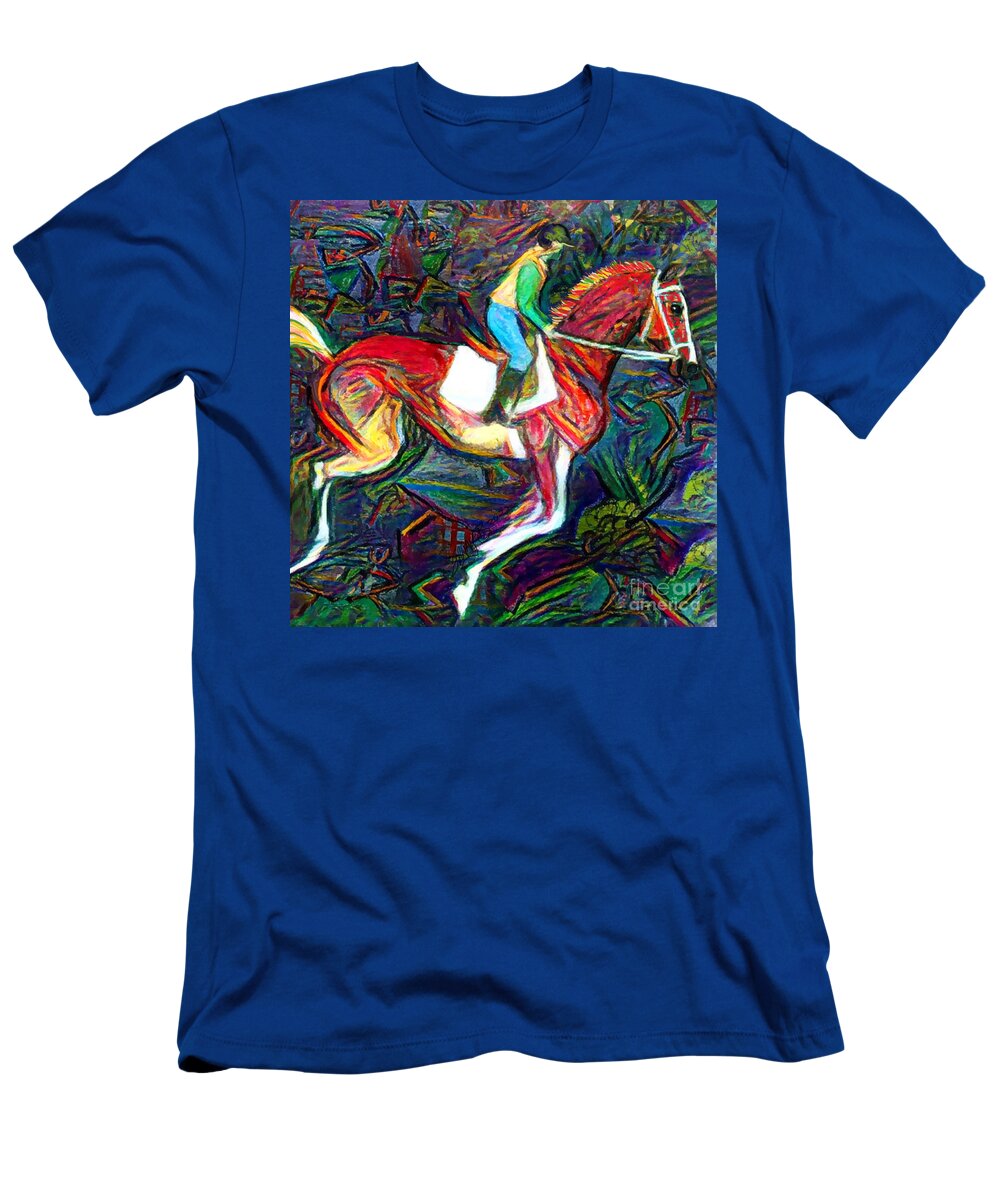 Equestrian Art T-Shirt featuring the digital art Backstretch Thoroughbred 010 by Stacey Mayer