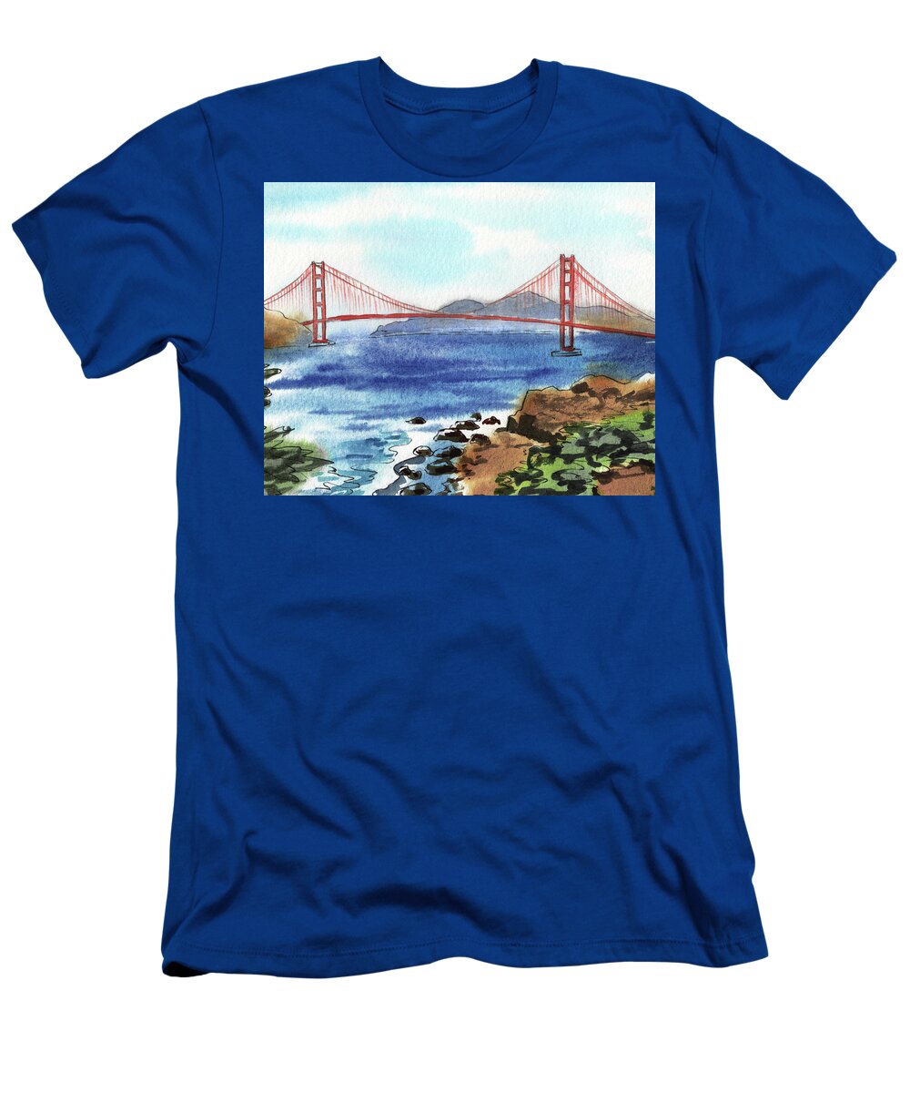 Bridge T-Shirt featuring the painting Beautiful Golden Gate Bridge San Francisco Bay Watercolor by Irina Sztukowski