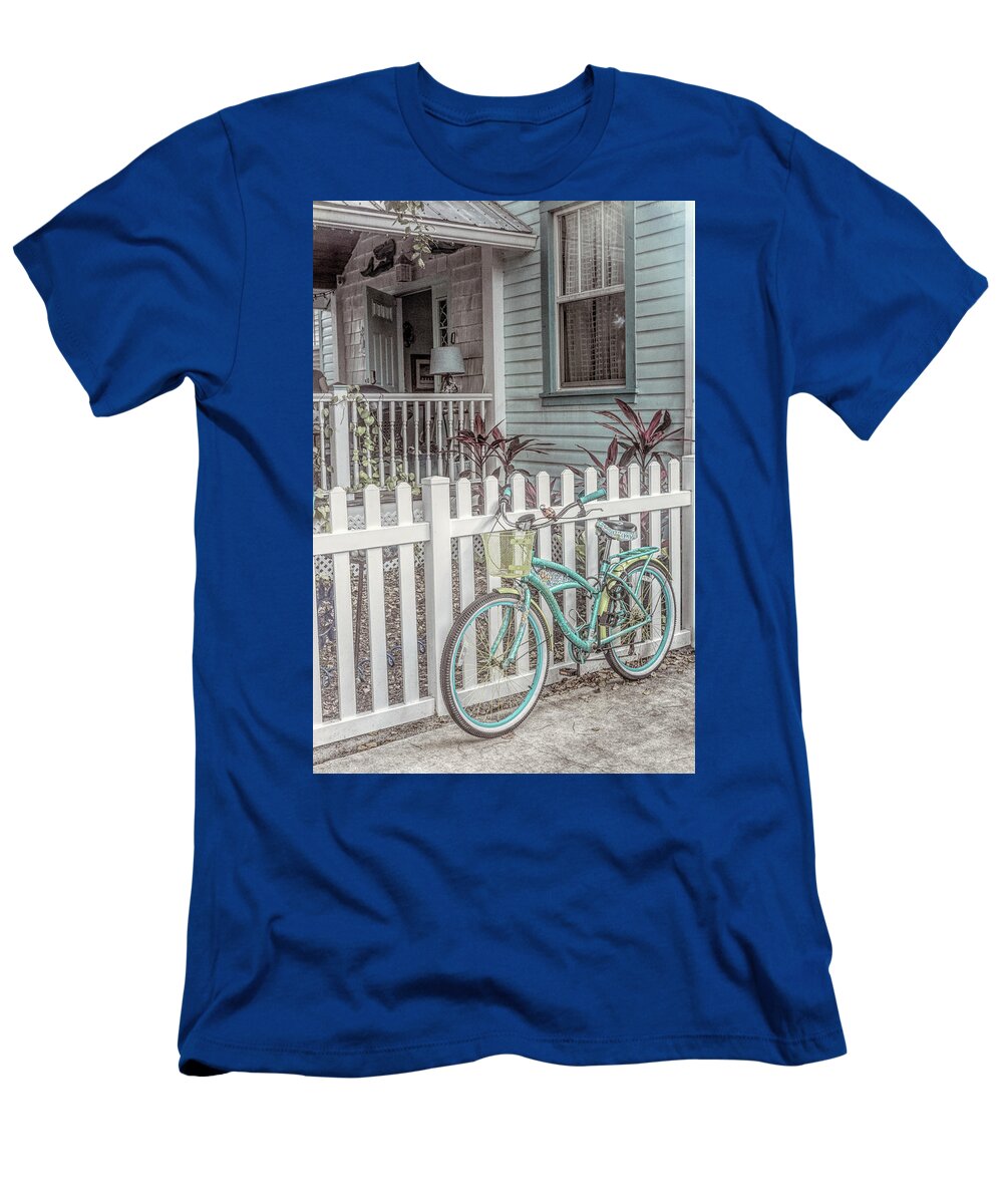 Clouds T-Shirt featuring the photograph Bicycle at the Garden Fence in Cool Cottage Colors by Debra and Dave Vanderlaan