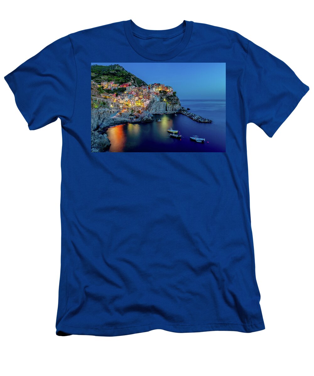 Cinque Terre T-Shirt featuring the photograph Blue Hour Manarola by David Downs
