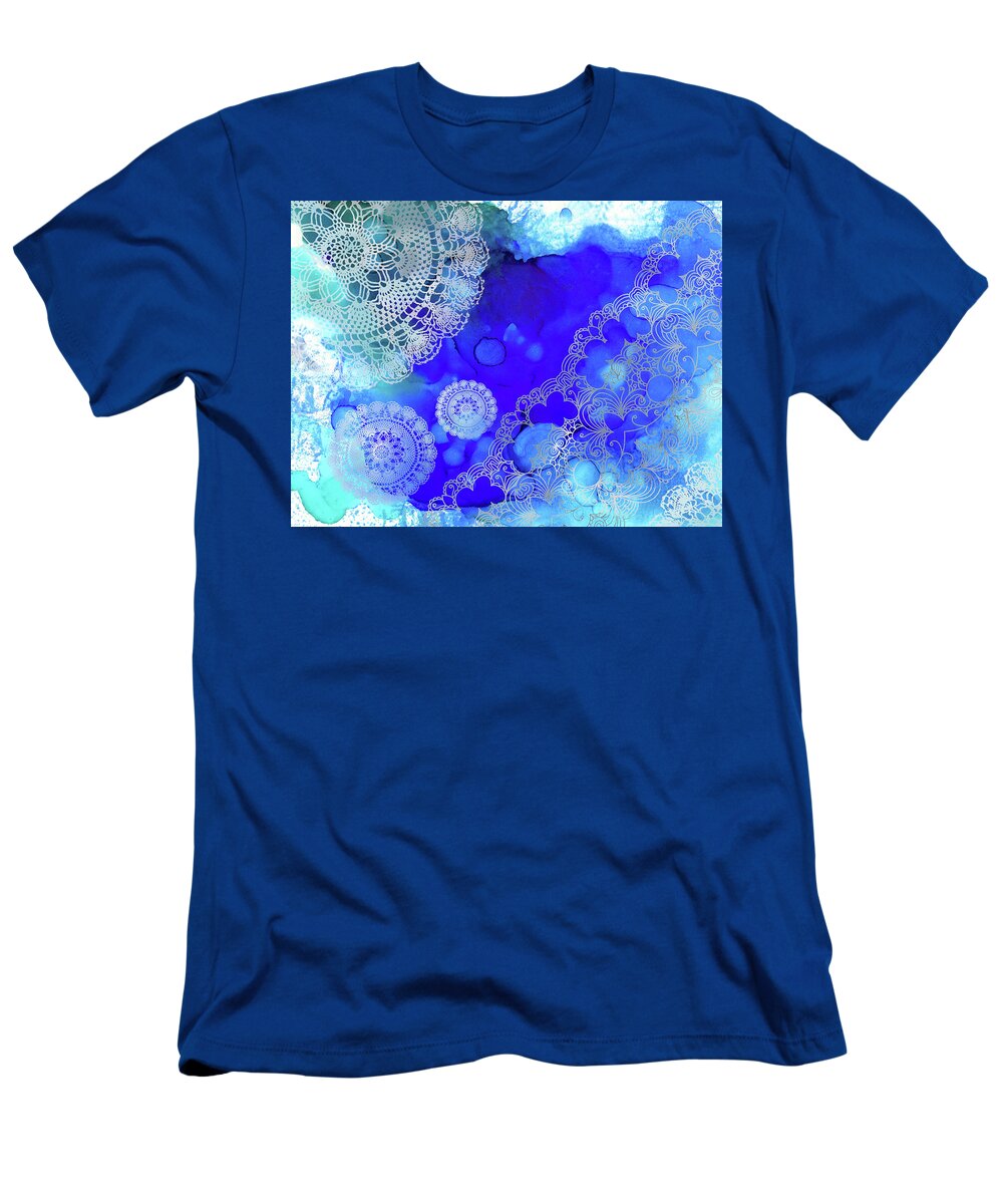 Blue T-Shirt featuring the mixed media Blue Lace Abstract 58 by Lucie Dumas
