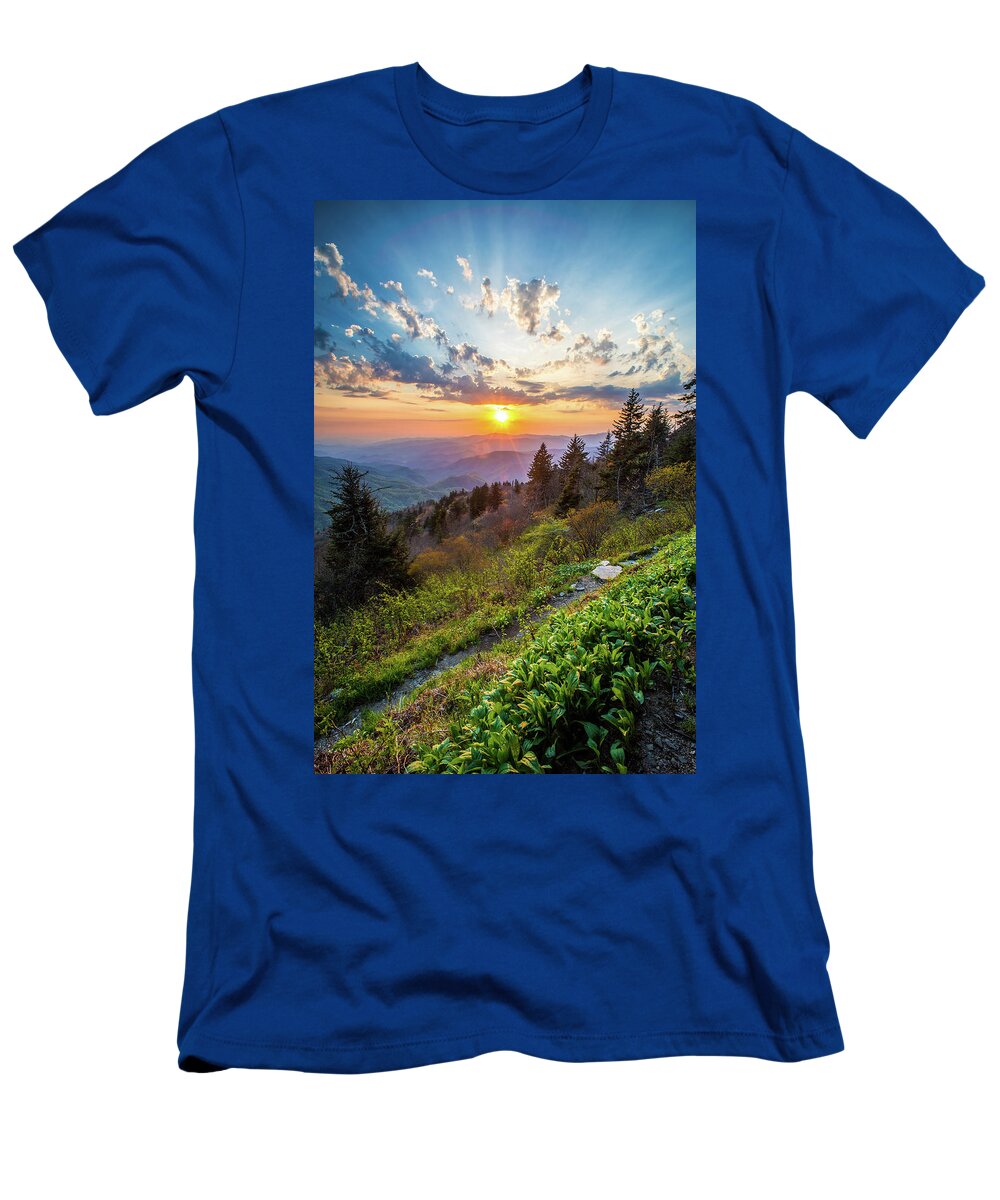 Sunset T-Shirt featuring the photograph Blue Ridge Parkway NC Follow The Sun by Robert Stephens