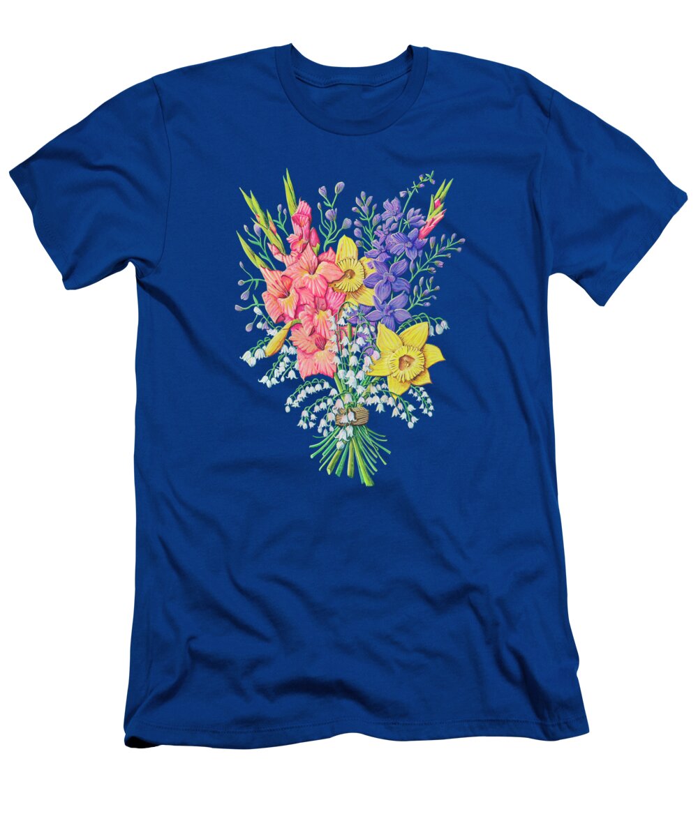 Gouache T-Shirt featuring the painting Bouquet No. 1 Floral Art on Navy Blue by Jen Montgomery by Jen Montgomery