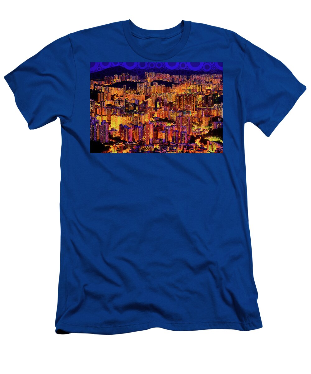 Hong Kong T-Shirt featuring the mixed media Brighter Lights, Big City by Susan Maxwell Schmidt