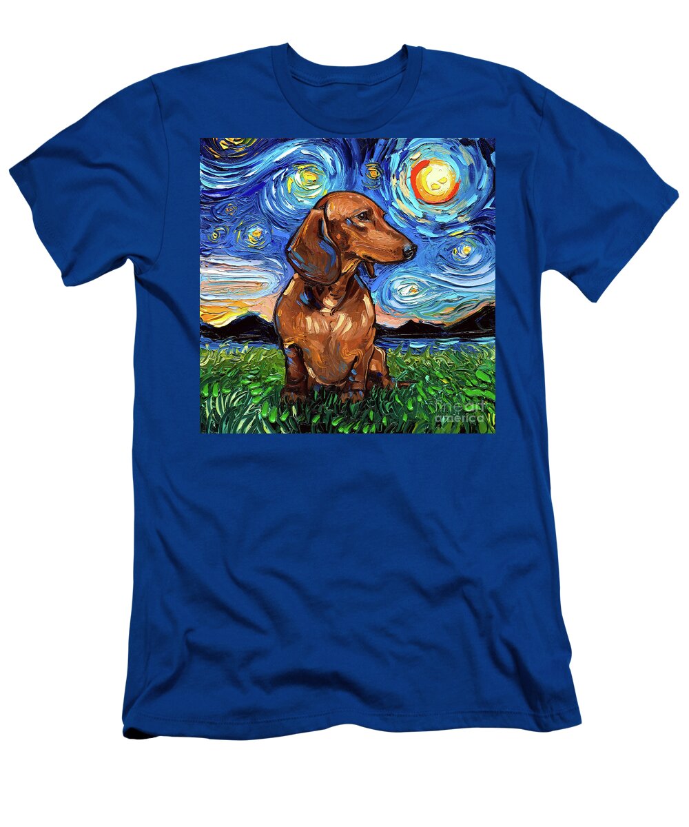Dachshund T-Shirt featuring the painting Brown Dachshund Night by Aja Trier