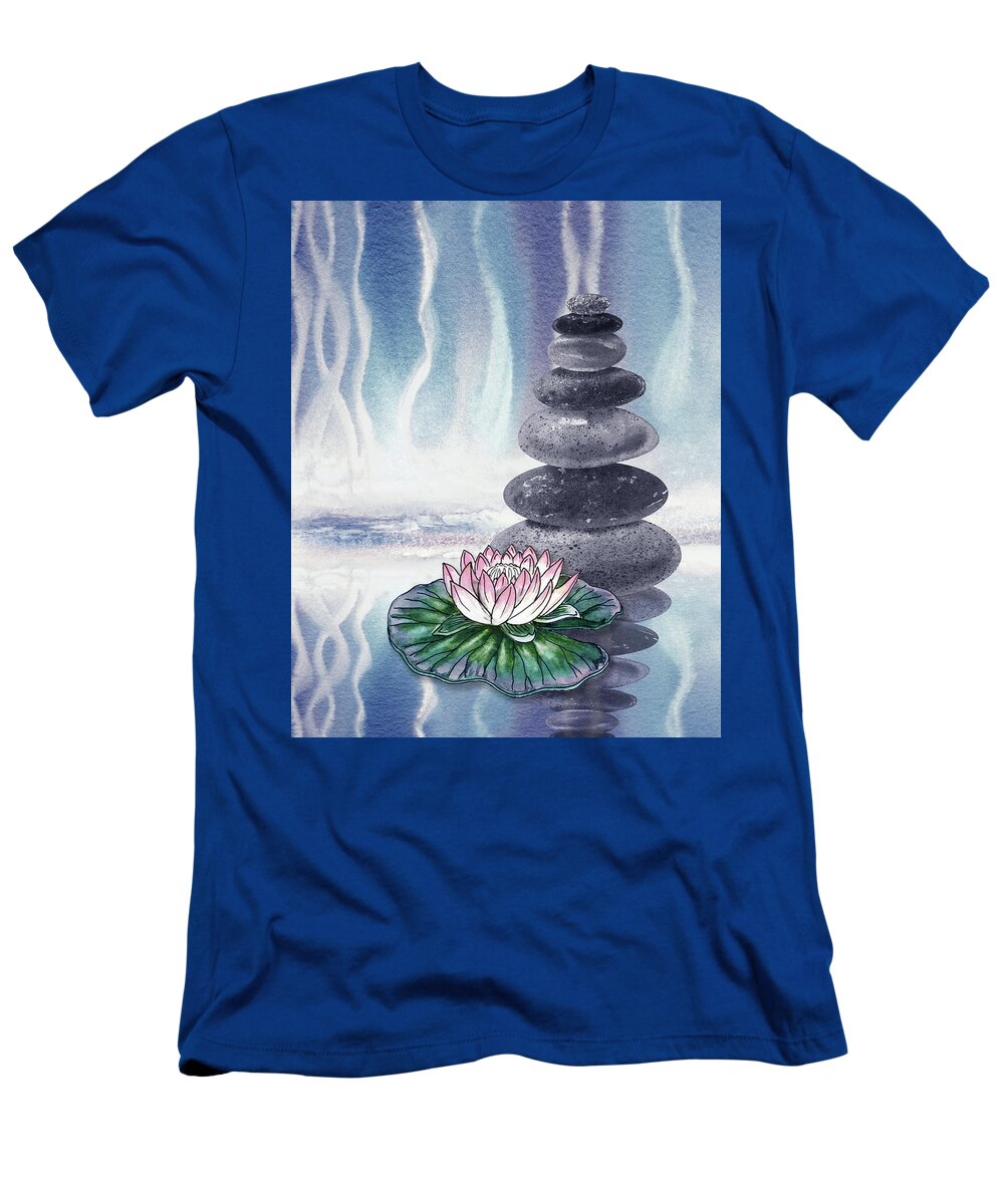 Zen Rocks T-Shirt featuring the painting Calm Peaceful Relaxing Zen Rocks Cairn With Flower Meditative Spa Collection Watercolor Art VIII by Irina Sztukowski