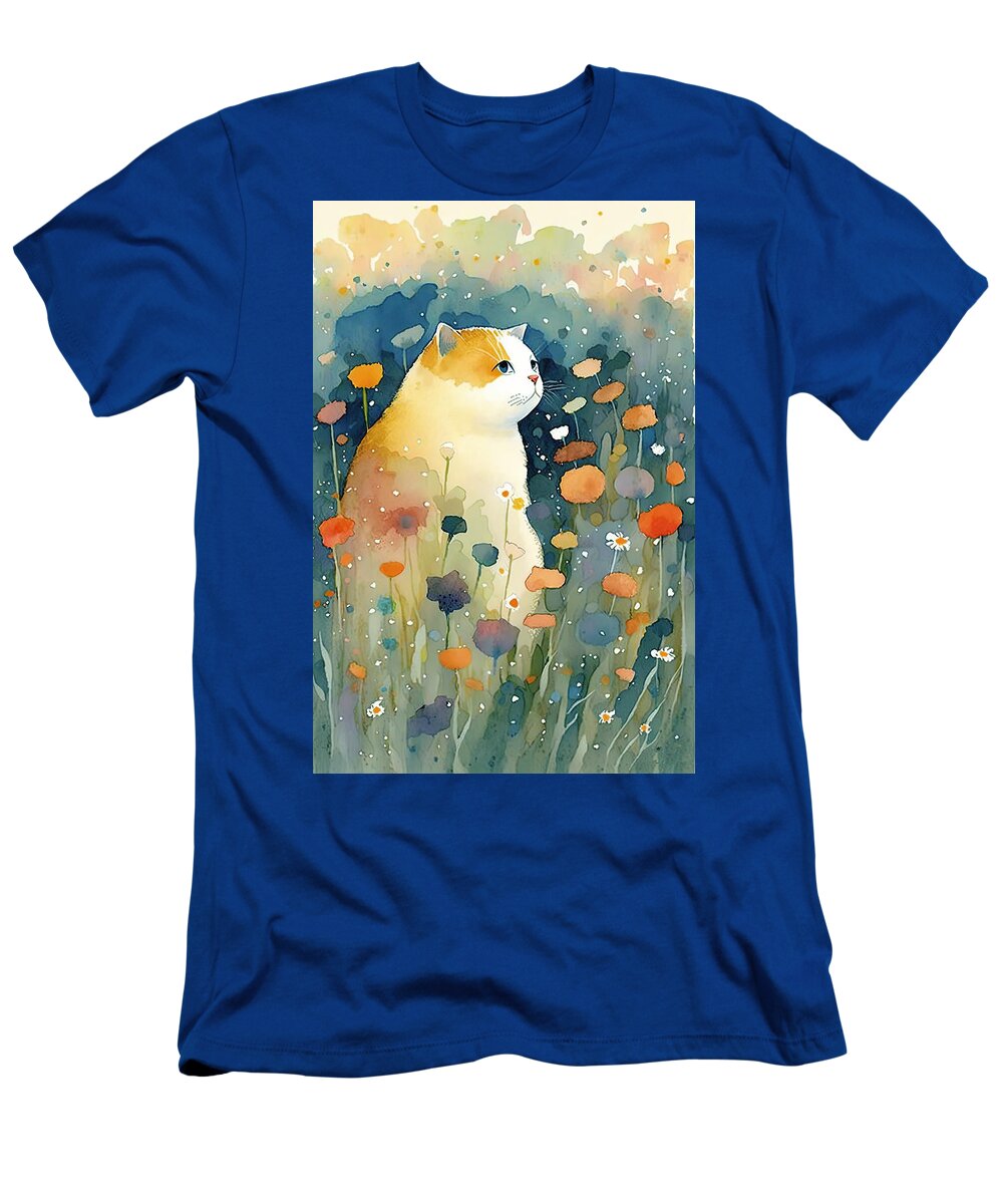 Cat T-Shirt featuring the digital art Cat in a flower field 4 by Debbie Brown