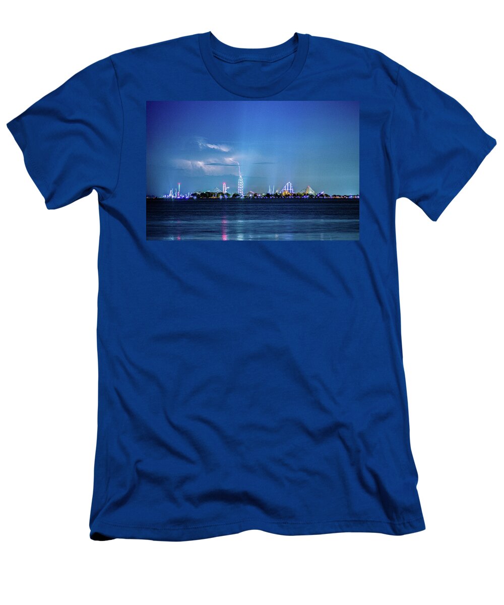 Cedar Point T-Shirt featuring the photograph Cedar Point Amusement Park Lightning Storm Sandusky Ohio - Original Edit v1 by Dave Morgan