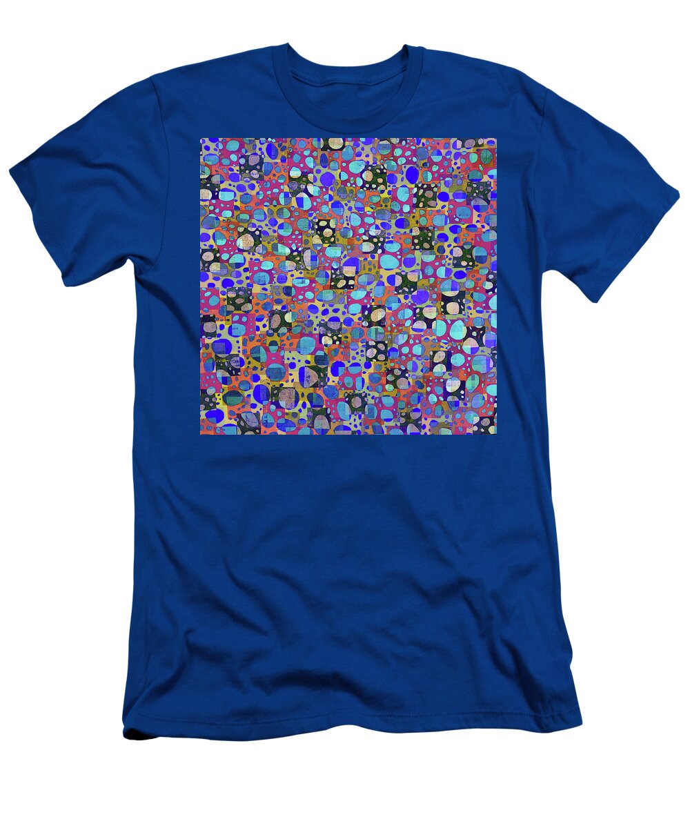Multicolored T-Shirt featuring the digital art CELLULAR Modern Abstract Circles and Squares Blue Multicolored by Lynnie Lang