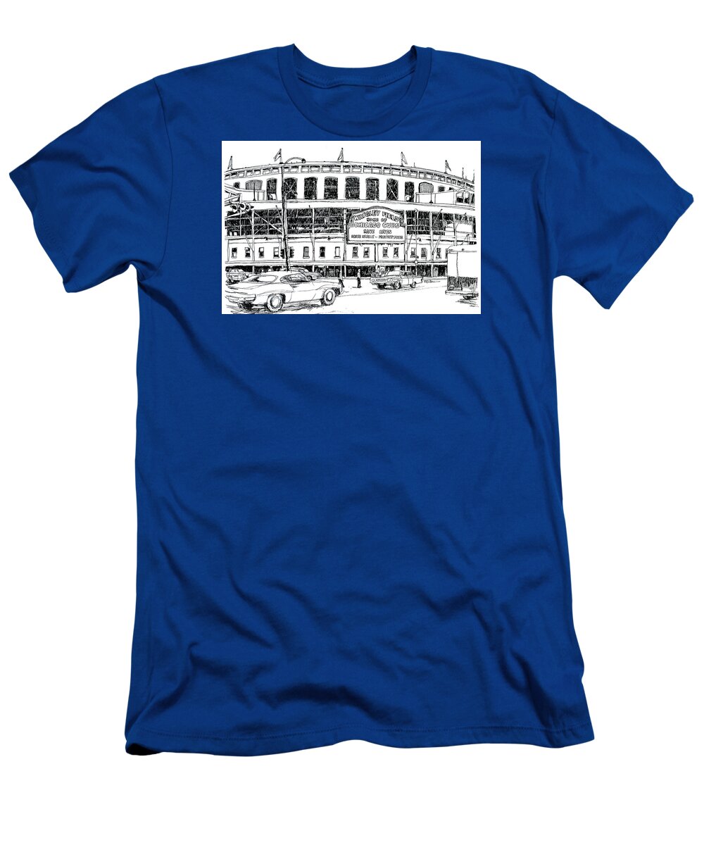 Chicago Cubs Wrigley Field T-Shirt featuring the drawing Chicago Cubs Wrigley Field by Robert Birkenes