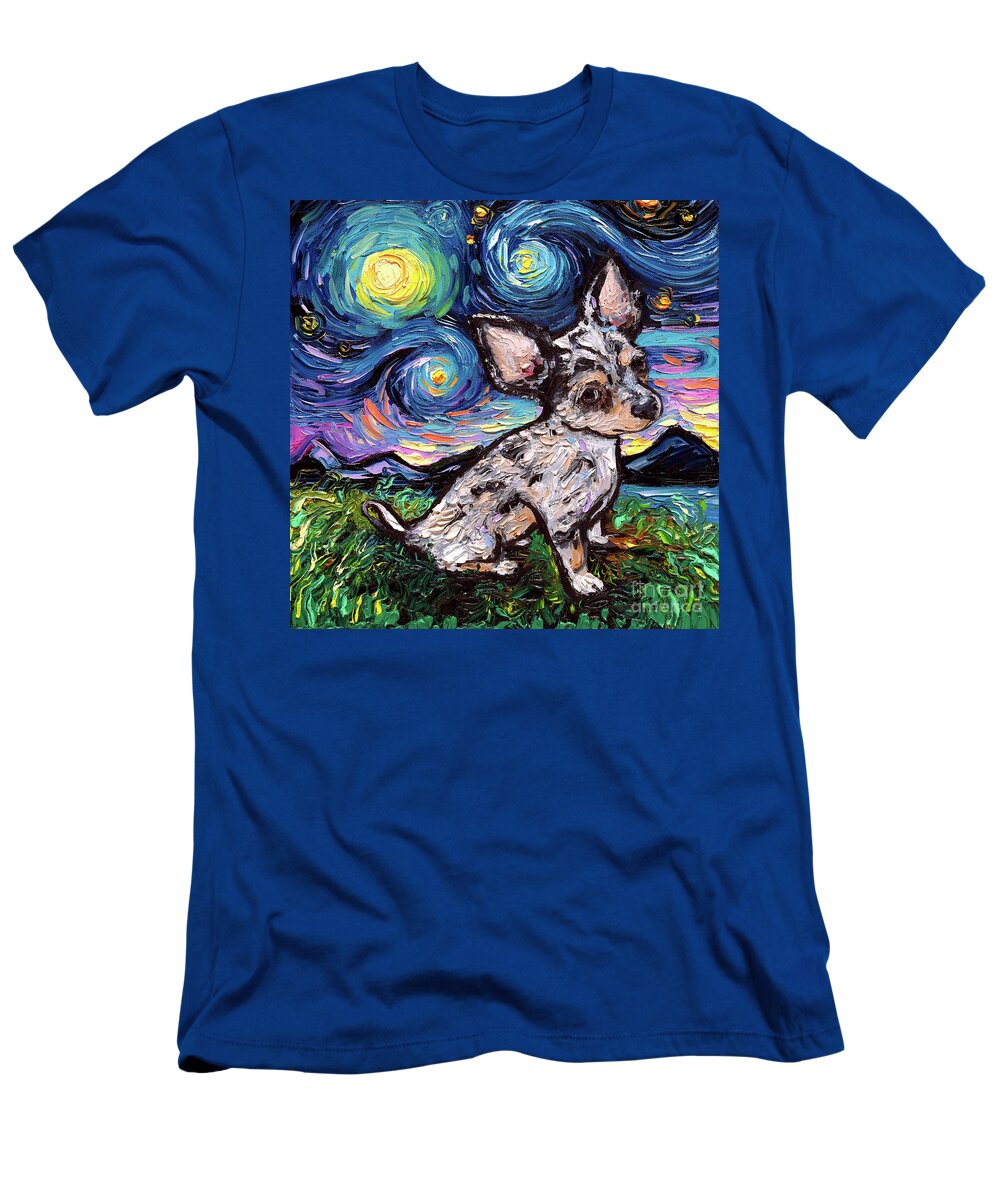 Chihuahua T-Shirt featuring the painting Chihuahua Merle Teacup Night by Aja Trier