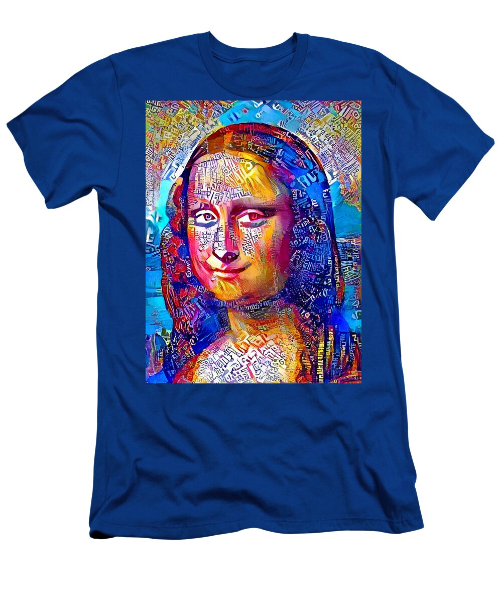 Mona Lisa T-Shirt featuring the digital art Colorful Mona Lisa portrait with blue, orange and magenta color scheme by Nicko Prints