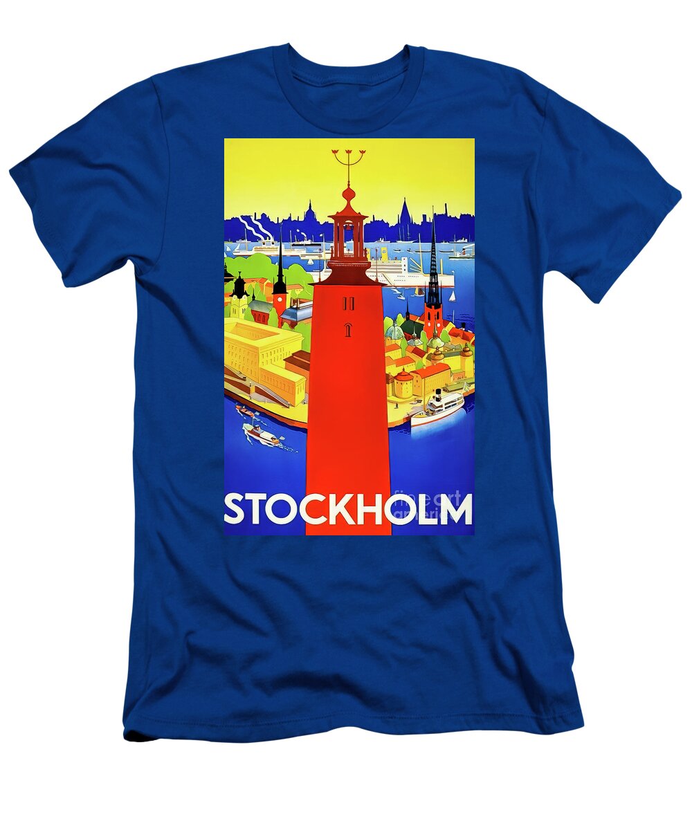 1936 T-Shirt featuring the drawing Colorful Stockholm Sweden Travel Poster 1936 by M G Whittingham
