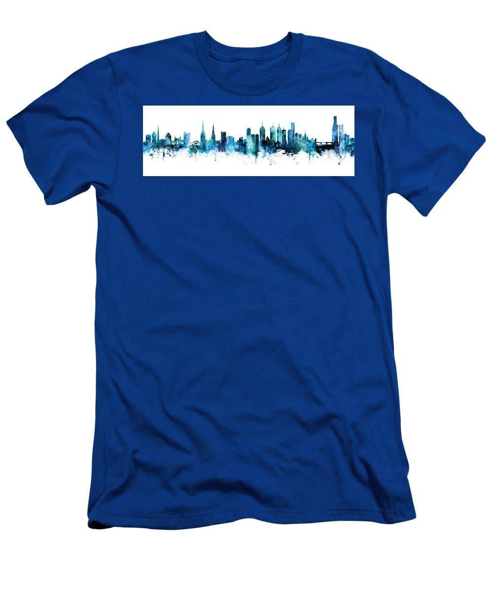 Melbourne T-Shirt featuring the digital art Coventry and Melbourne Skylines Mashup by Michael Tompsett