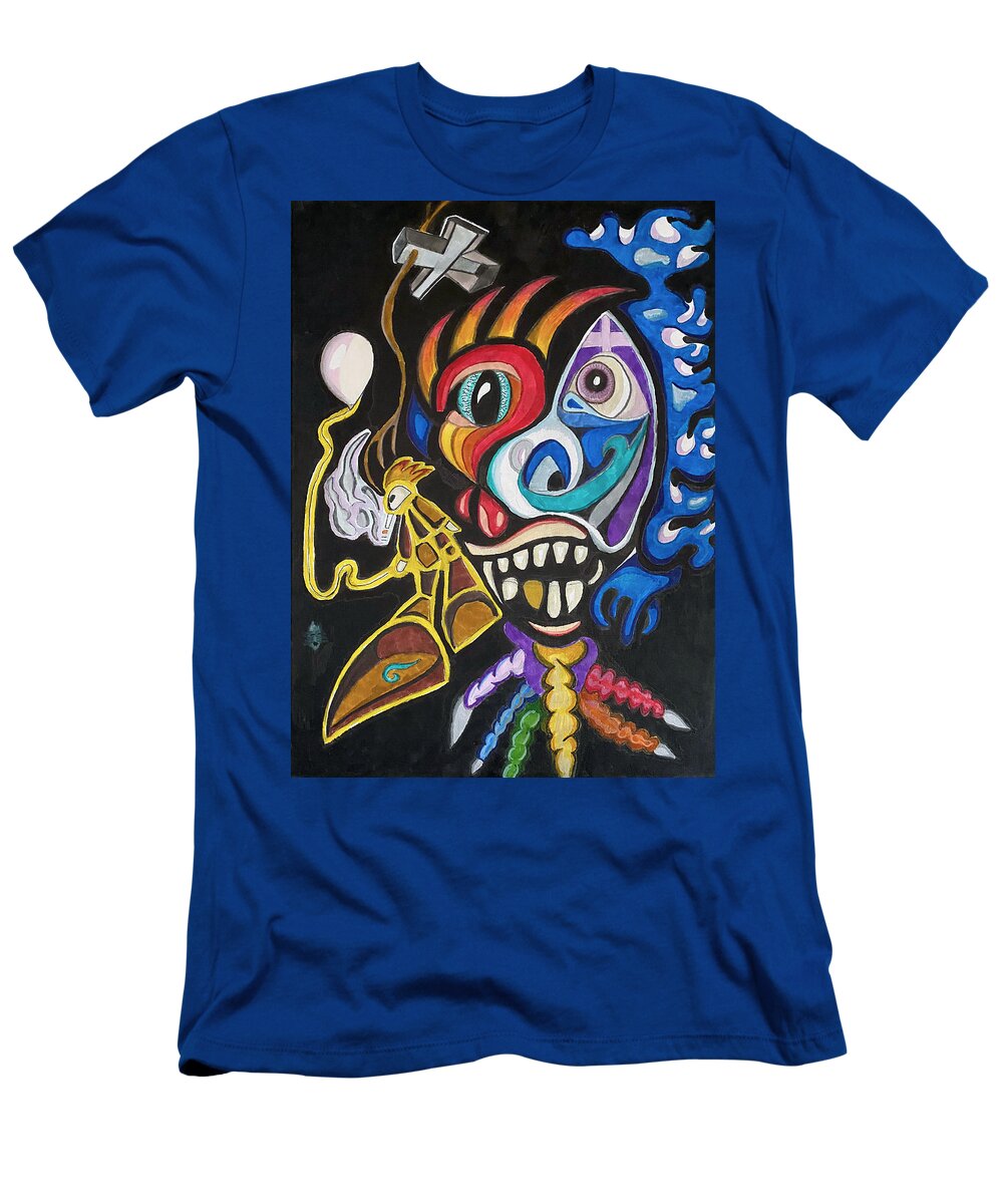 Clown T-Shirt featuring the mixed media Cut The Cord by Jeff Malderez