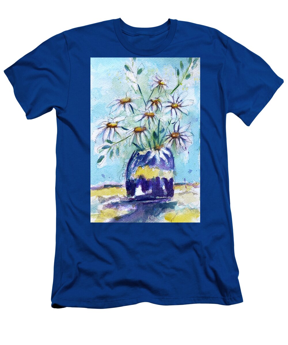 Loose Floral T-Shirt featuring the painting Daisies in a Purple Vase by Roxy Rich