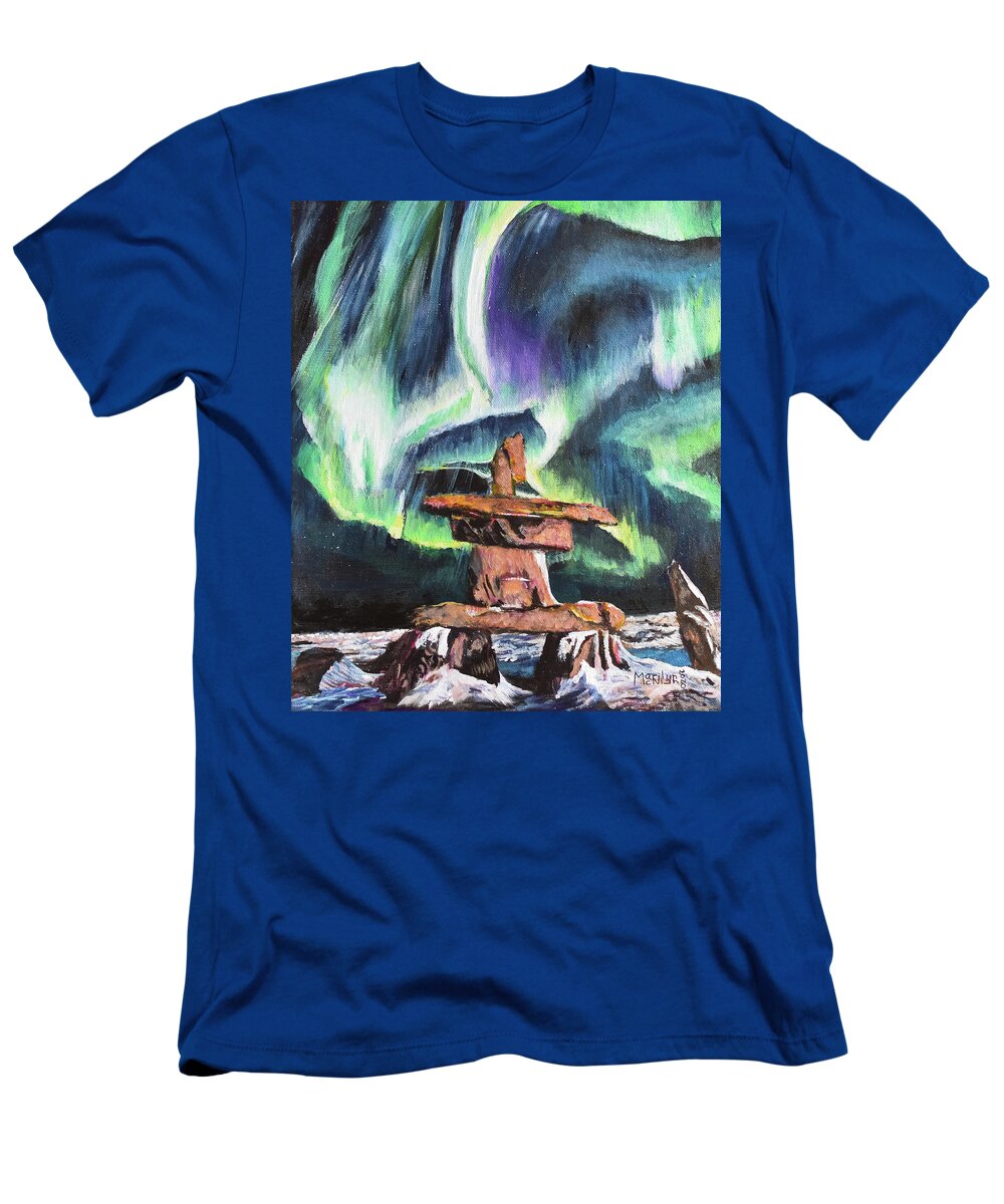Inukshuk T-Shirt featuring the painting Dancing Lights - Churchill by Marilyn McNish