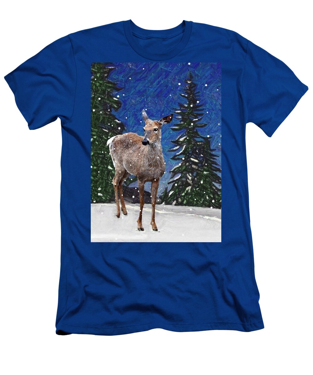 Nature T-Shirt featuring the mixed media Deer in Snow by Judy Cuddehe