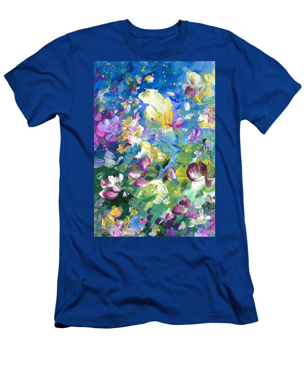 Flower T-Shirt featuring the painting Explosion Of Joy 22 Dyptic 01 by Miki De Goodaboom