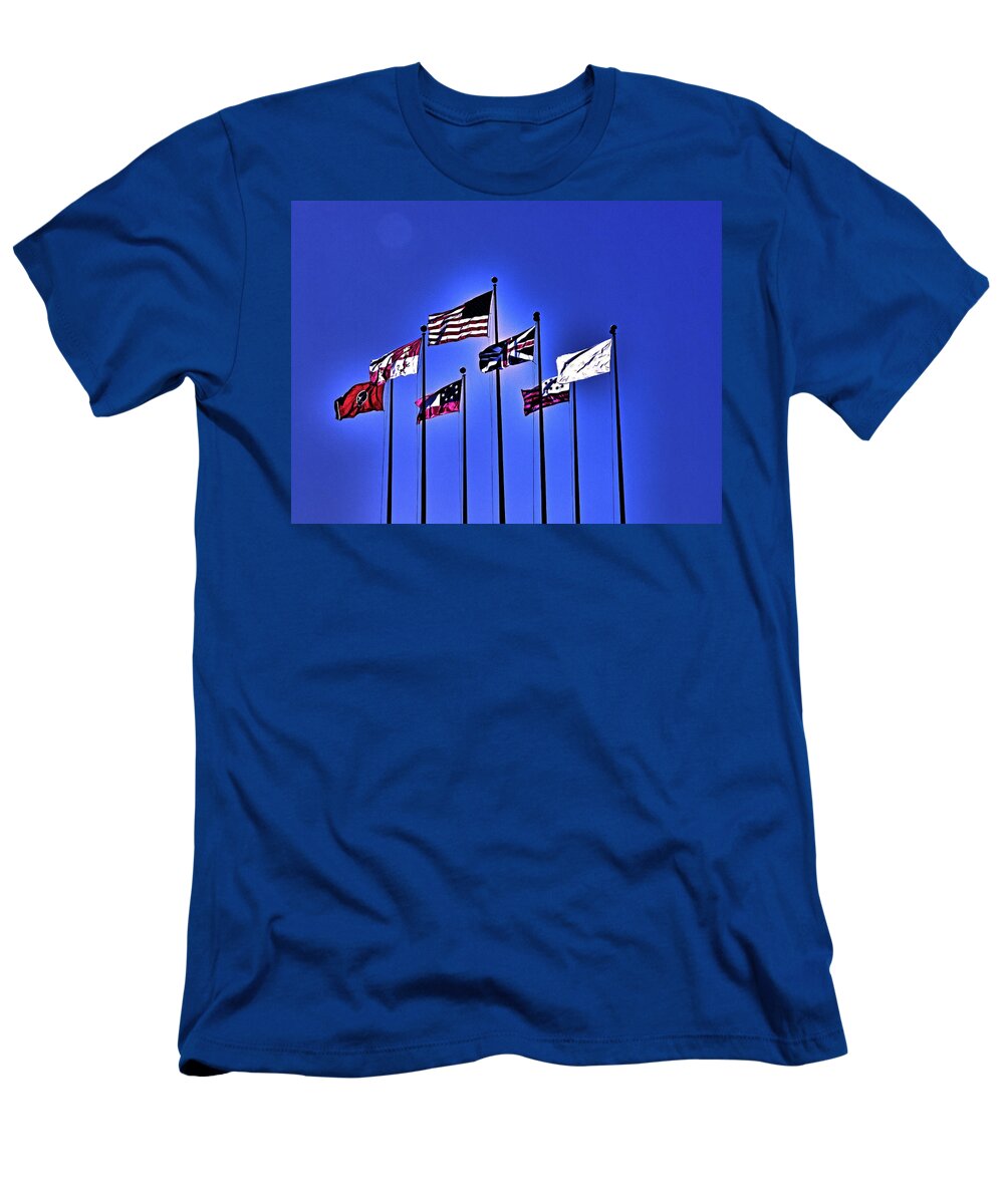 America T-Shirt featuring the digital art Flags Against A Dark Blue Sky by David Desautel