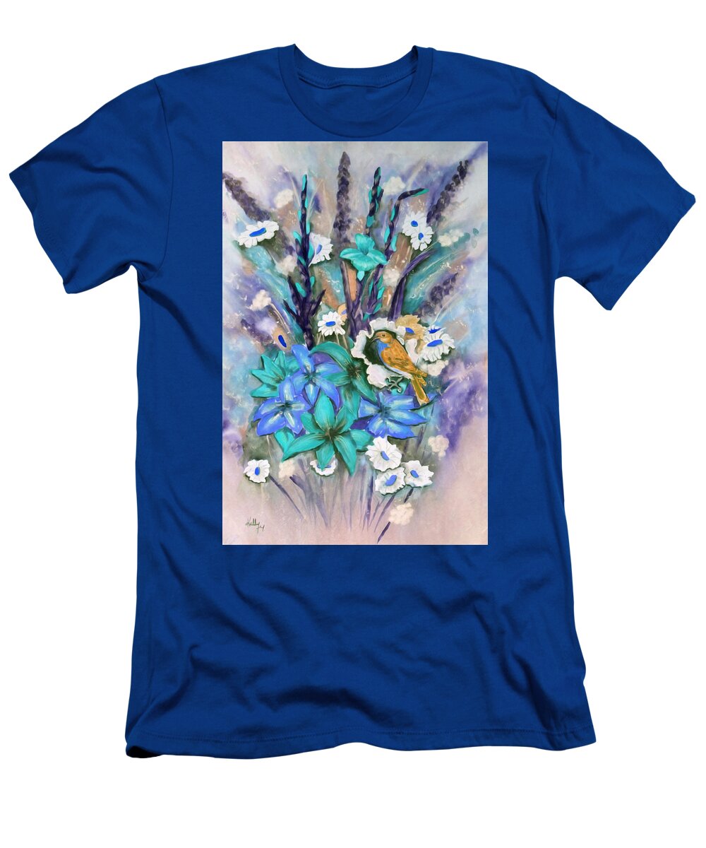 Flowers T-Shirt featuring the mixed media Flower Bouquet n' Bird by Kelly Mills