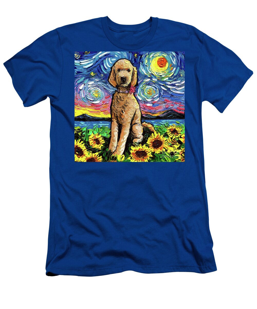Golden Doodle T-Shirt featuring the painting Golden Doodle Night 2 by Aja Trier