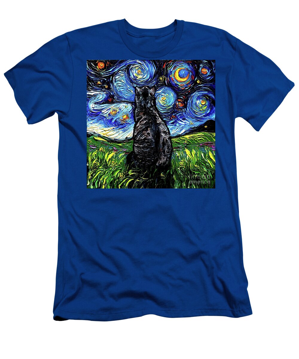 Gray Tabby Night T-Shirt featuring the painting Gray Tabby Night by Aja Trier
