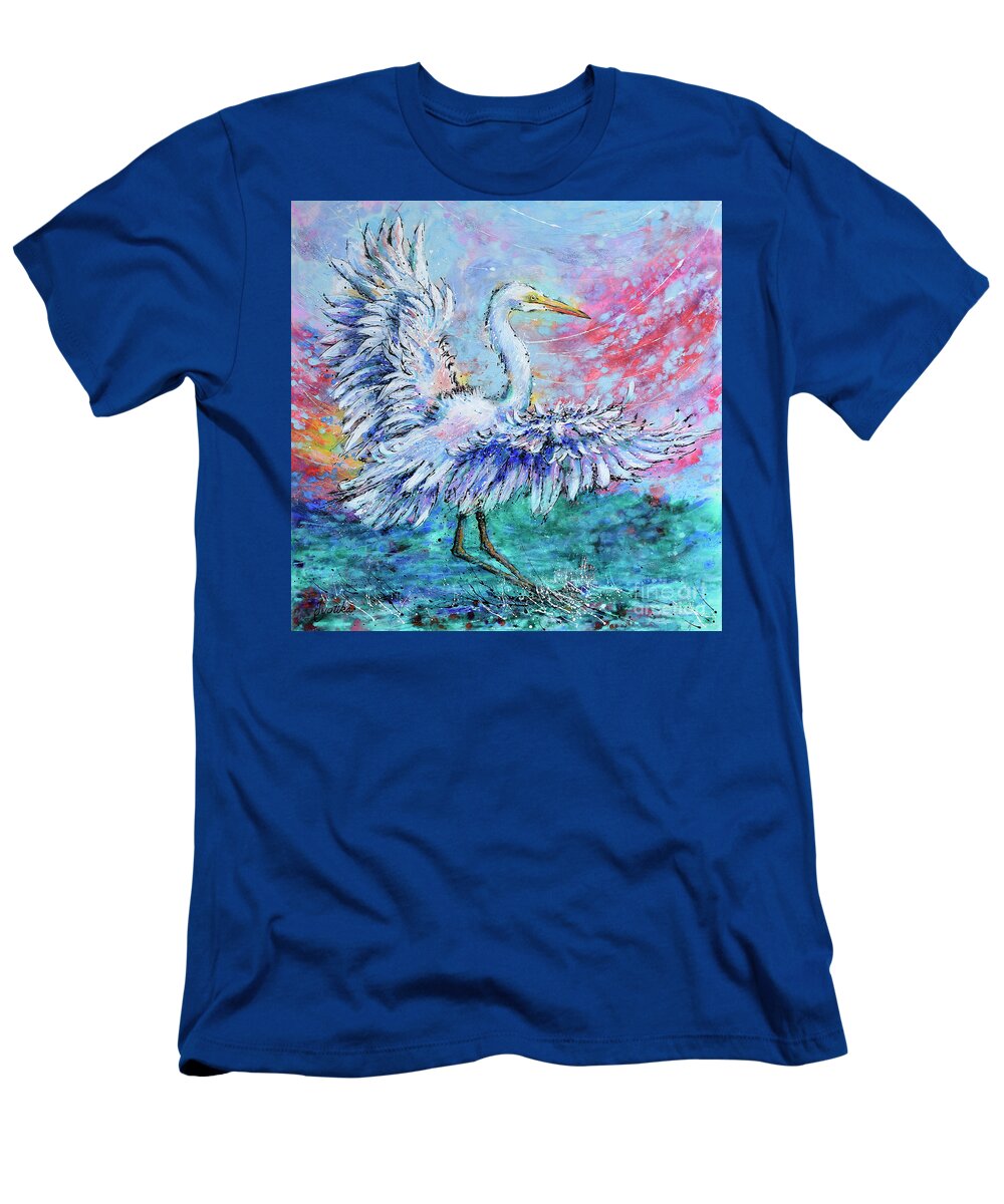  T-Shirt featuring the painting Great Egret's Glorious Landing by Jyotika Shroff