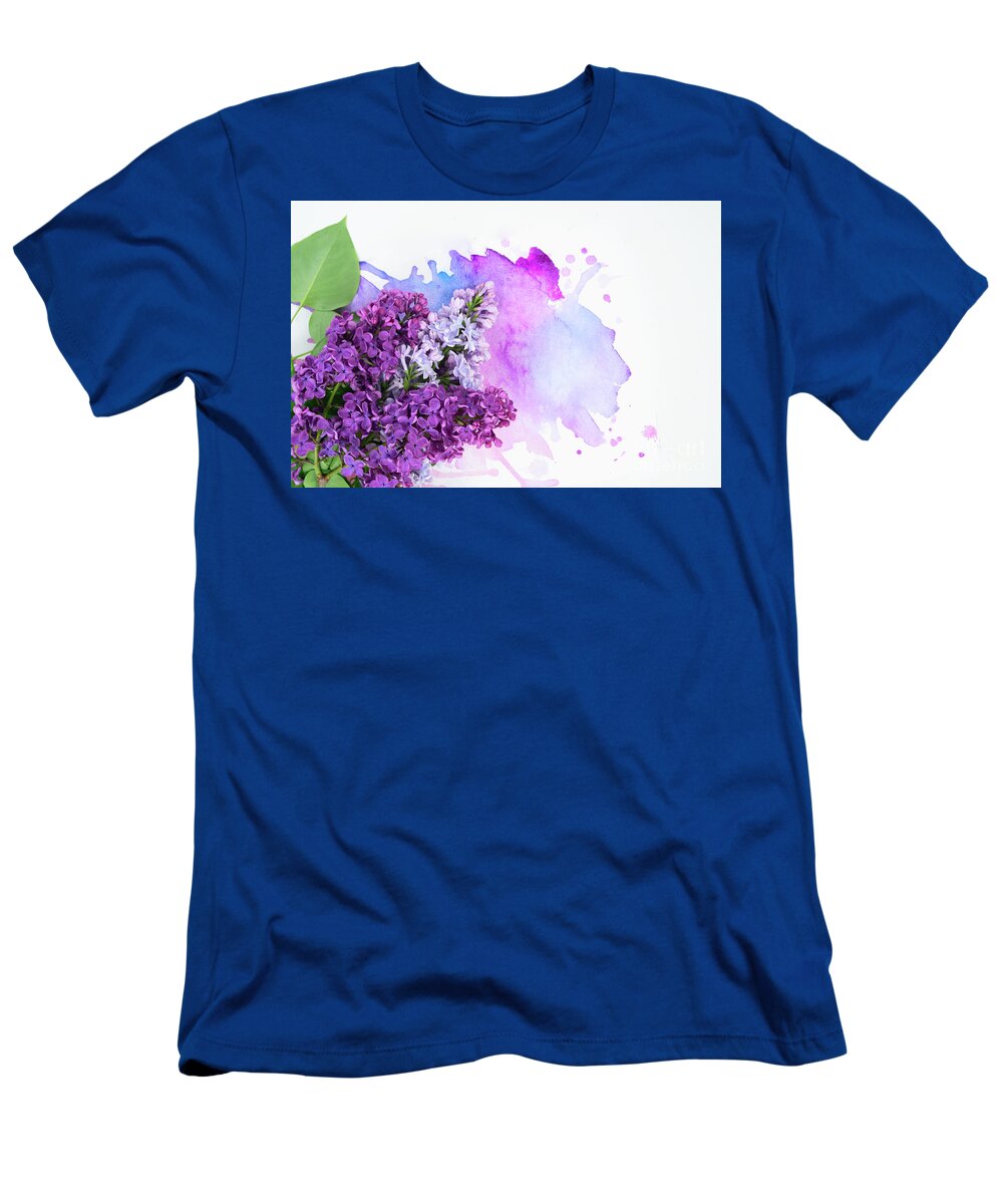 Lilac T-Shirt featuring the photograph Lilac flowers on watercolor by Anastasy Yarmolovich