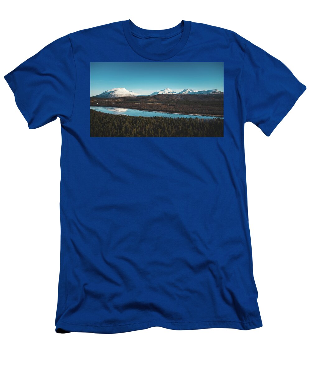 Touristic T-Shirt featuring the photograph Malselva River with a reflection on the snow-covered hills by Vaclav Sonnek
