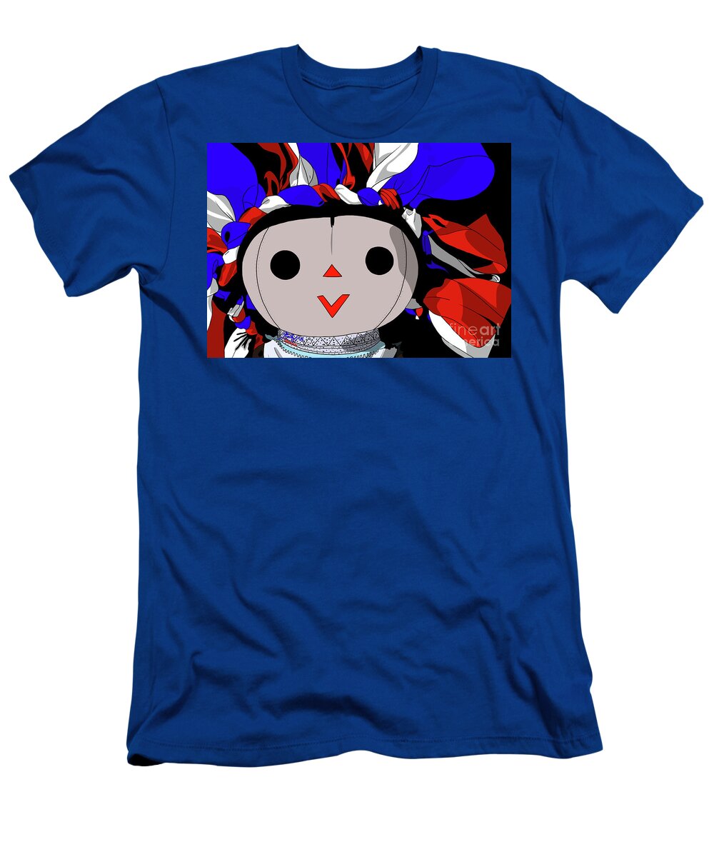 Mazahua T-Shirt featuring the digital art Maria Doll blue white red by Marisol VB